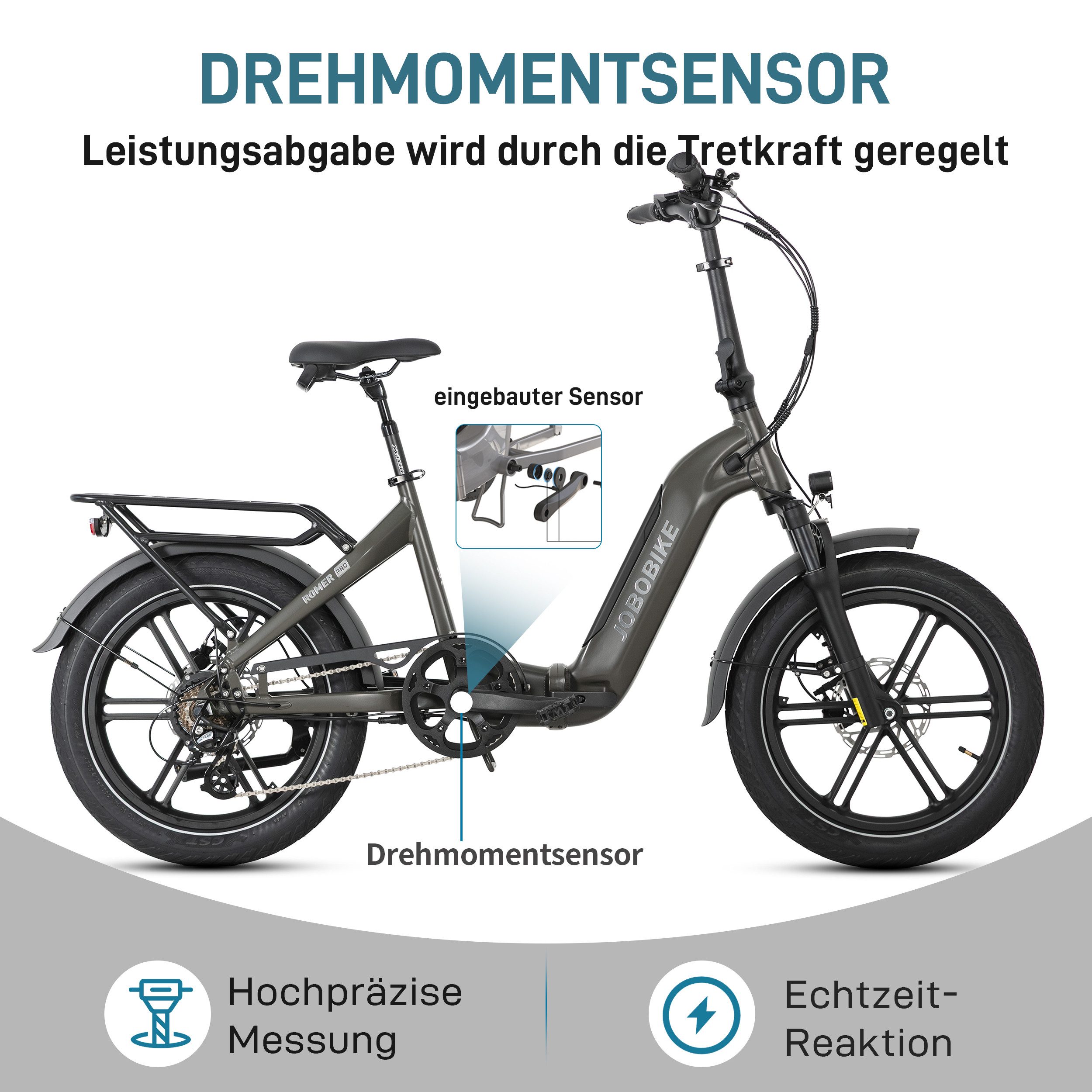 JOBOBIKE E-Bike Klapprad Damen&Herren 20x3" Pedelec Romer P 720Wh, 150km, hydr. Bremsen, 7 Gang Shimano, (mit abnehmbarem Akku, 5 Stufen, Aluminiumrahmen), faltbar, max. 80 N.m, Drehmomentsensor, gefederte Sattelstütze