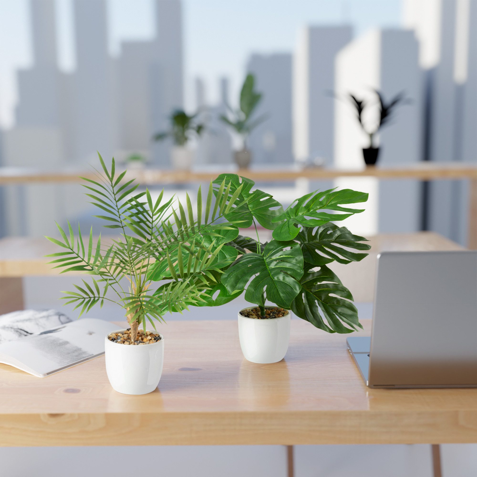 Kunstpflanze Tropische Kunstpflanzen wie echt in weißen Keramiktöpfen, Kuns günstig online kaufen