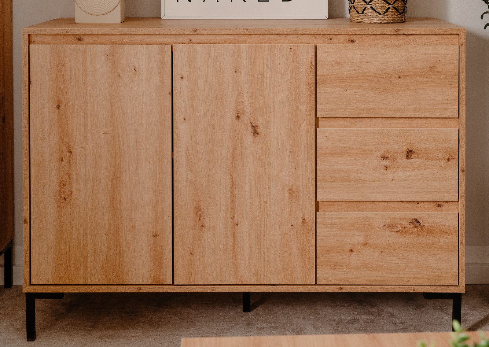 Furn.Design Kommode Bastia (Sideboard in Eiche Artisan, 3 Schubladen, 2-türig, 120 x 87 cm), mit viel Stauraum