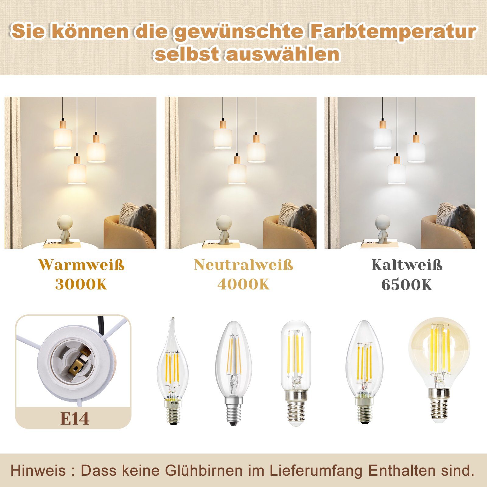 Nettlife Pendelleuchte Holz Esstisch 1/3 Flammig E14 Vintage Weiß Rustikal günstig online kaufen