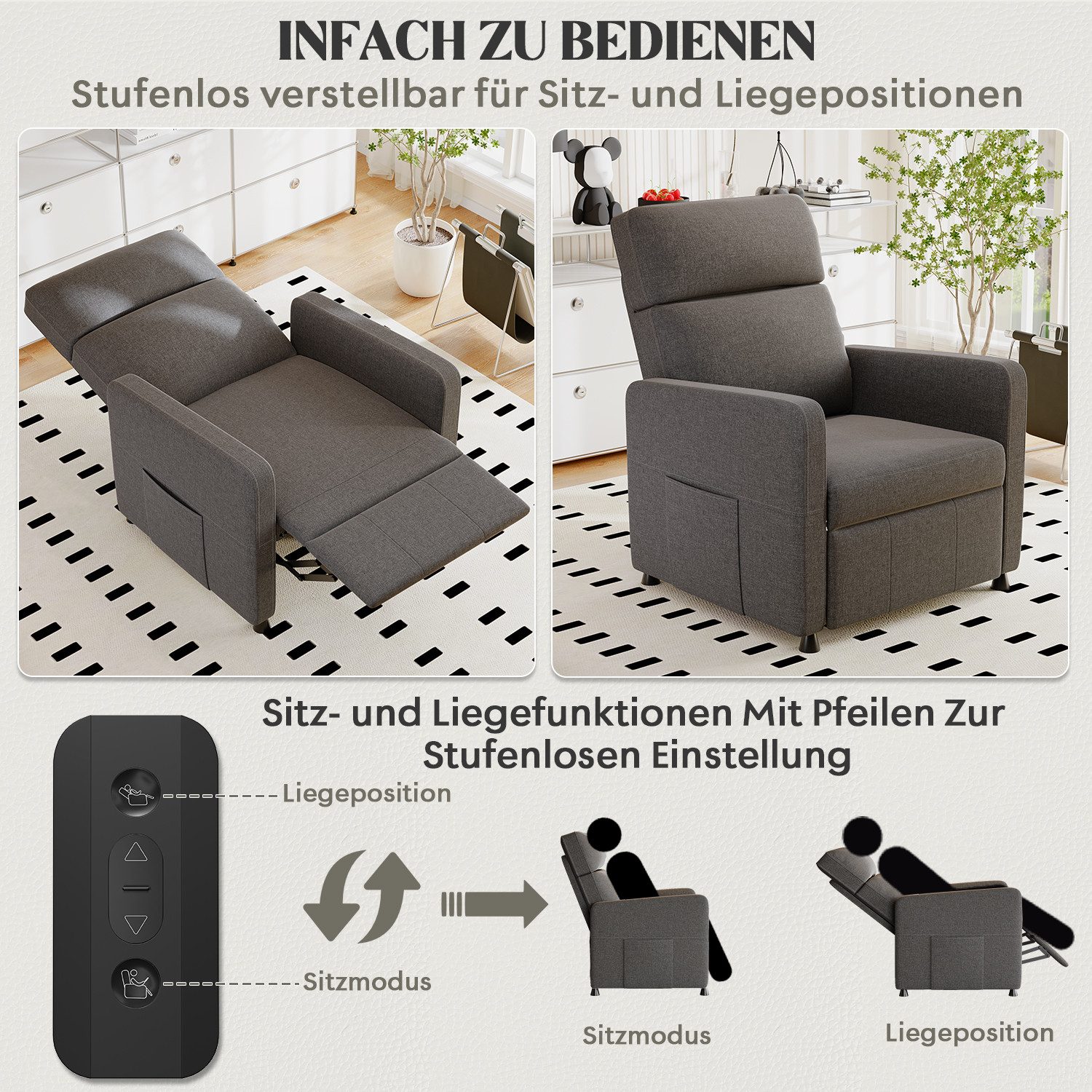 Furnicopia Sessel Freizeitsessel Fernsehsessel Rückenlehne bis zu 165° verstellbar (Freizeitsessel mit verstellbarer Fußstütze und Fernbedienung, geeignet für Schlafzimmer, Wohnzimmer und Büro, mit seitlicher Stofftasche zur Aufbewahrung von Büchern und Fernbedienung, Belastbarkeit 136 kg)