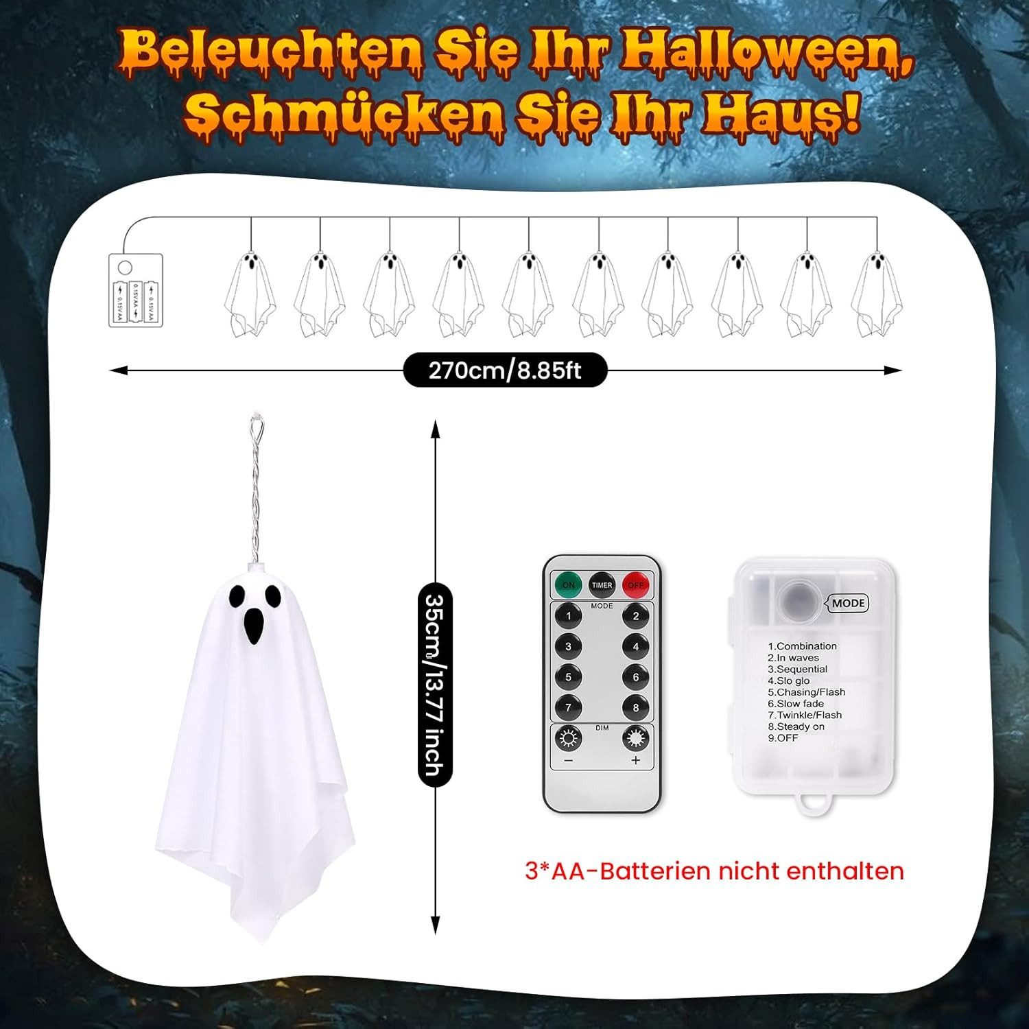 Bomiclss LED-Lichterkette Halloween-Geister-Lichterkette 10 Stück Geister-Halloween-Dekoration, für Urlaub, Halloween Party, Zuhause, Festival-Dekoration – Bild 3 von 5