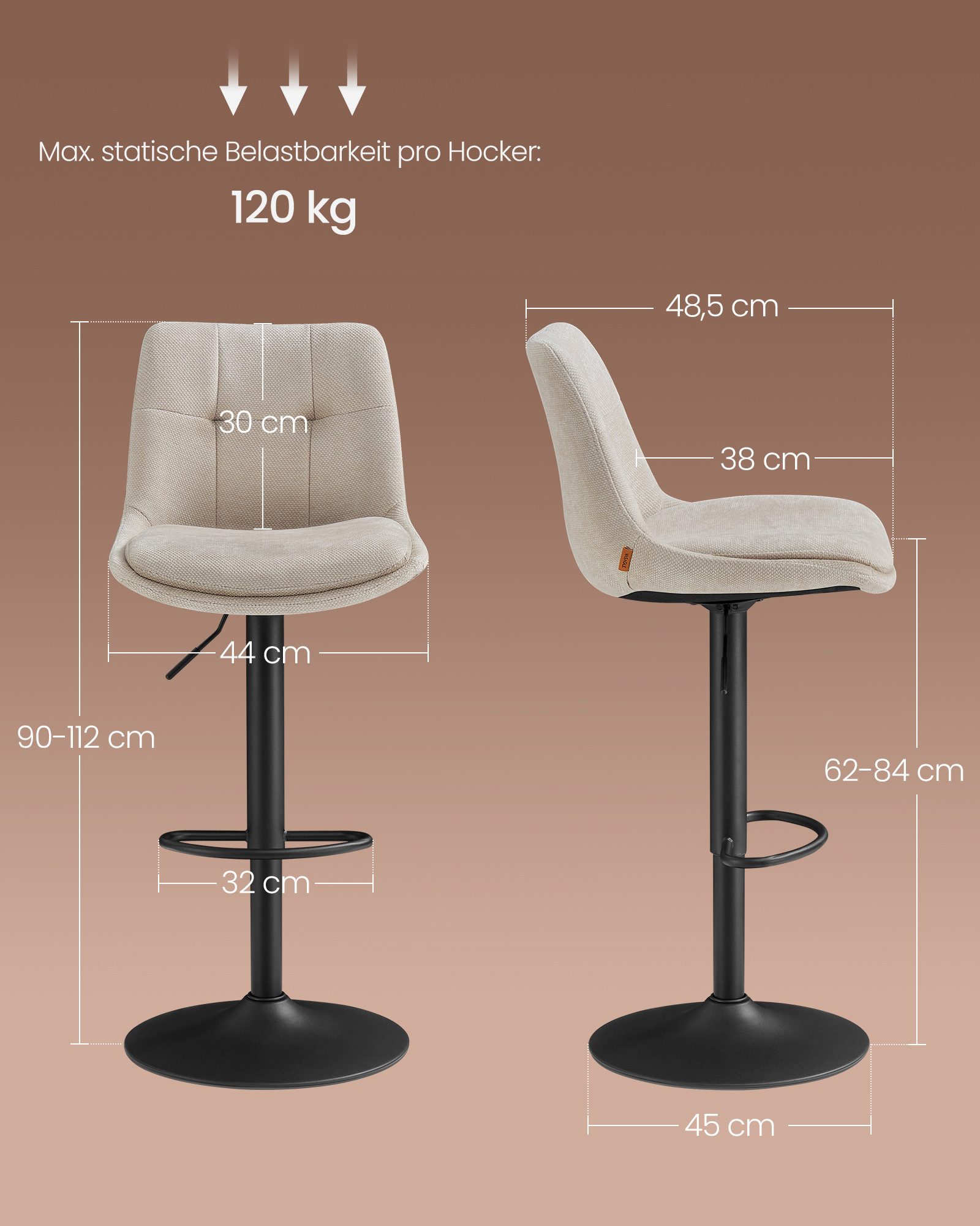 VASAGLE Barhocker Barstühle (Set, 2 St), höhenverstellbar, drehbar, Flanell