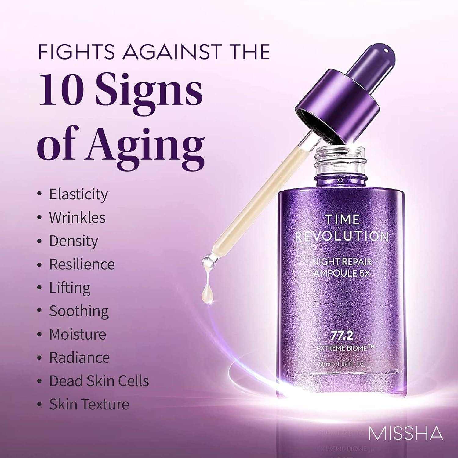 Missha Gesichtspflege Time Revolution Night Repair Probio Ampoule 5X – Anti-Aging Serum mit 10 Probiotika, Bifida Ferment Lysate, vegan, feuchtigkeitsspendend, regenerierend, für reife & empfindliche Haut, 5x Ampulle