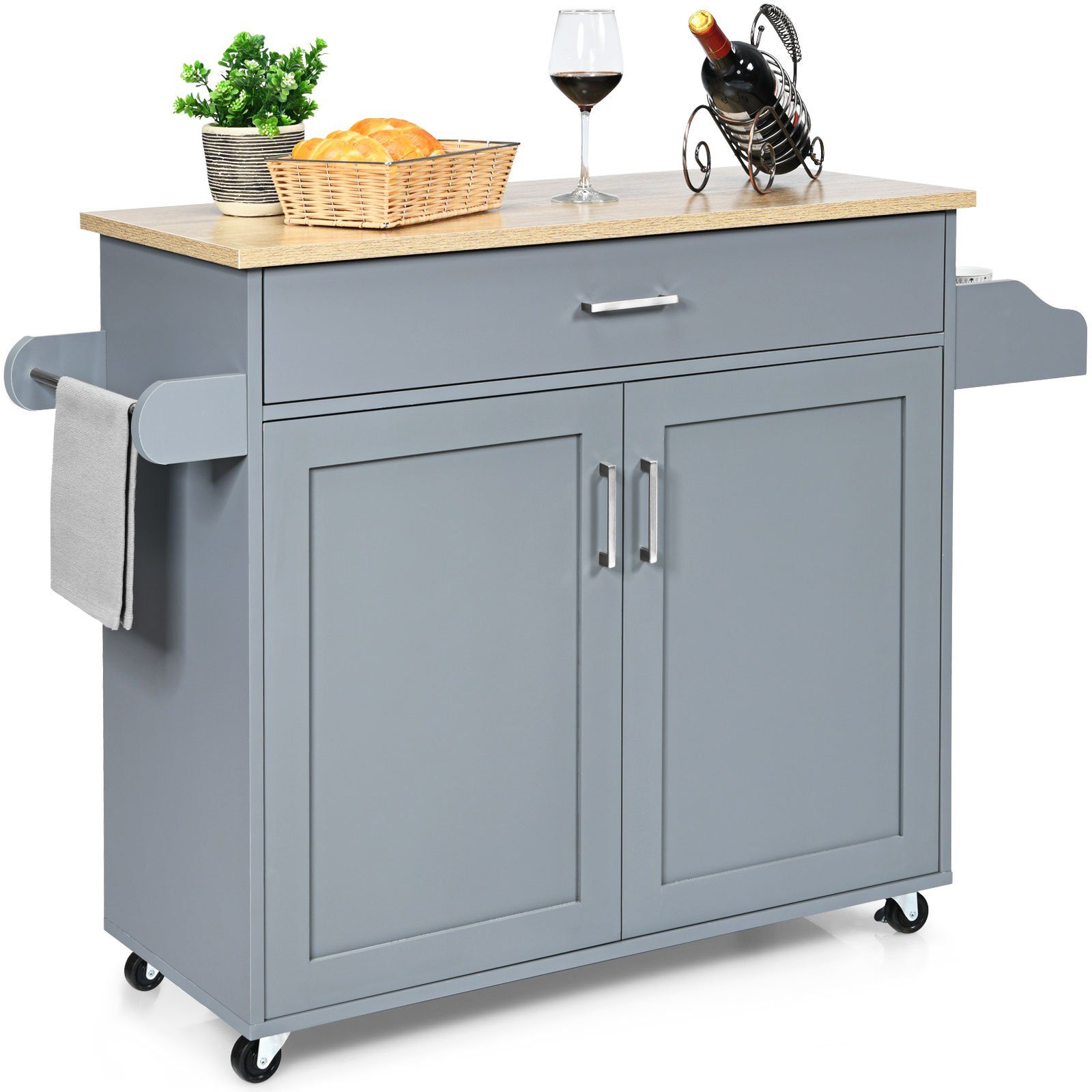 COSTWAY Küchenwagen, mit Handtuchhalter, Gewürzboard & Ablage, rollbar Grau
