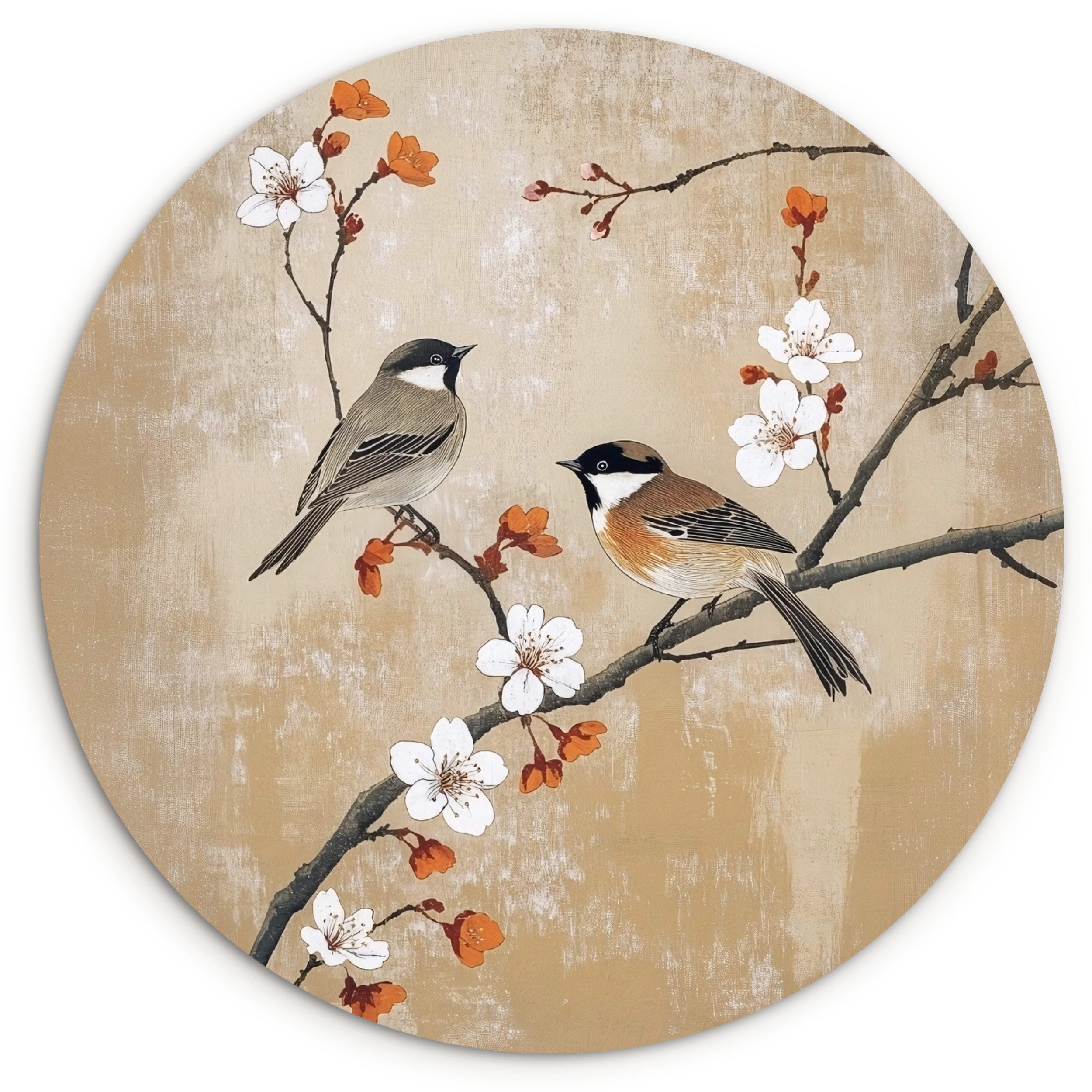 MuchoWow Gemälde Vögel - Blütenzweig - Orange, Fotodruck (1 St), Kreis Wanddekoration, Rundes Wandbild, 30x30 cm