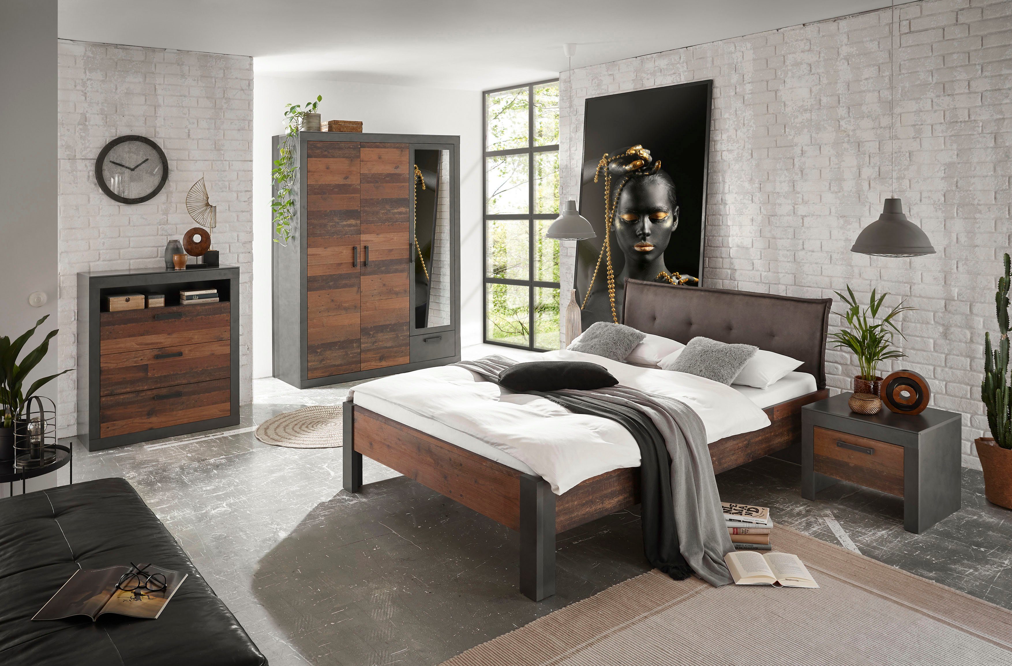 Home affaire Schlafzimmer-Set BROOKLYN, (Set, 4-St., mit Polsterkopfteil, Nachtkommode, Kleiderschrank 3 trg., Kommode)
