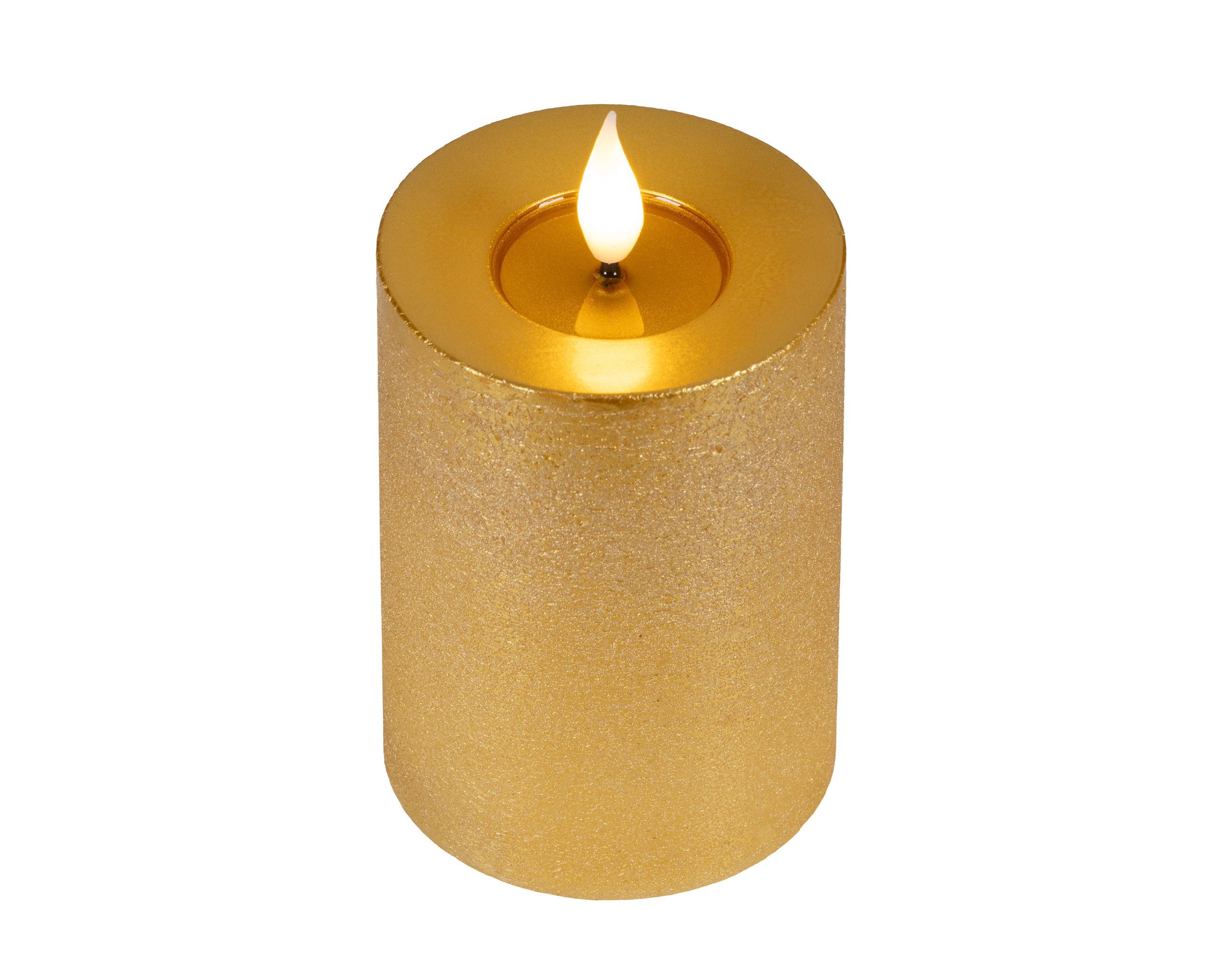 Lumineo LED-Kerze, Timer, warmweiß, LED Kerze 7,5x13,5cm mit Timer Wachs Flacker-Effekt Gold / Warmweiß