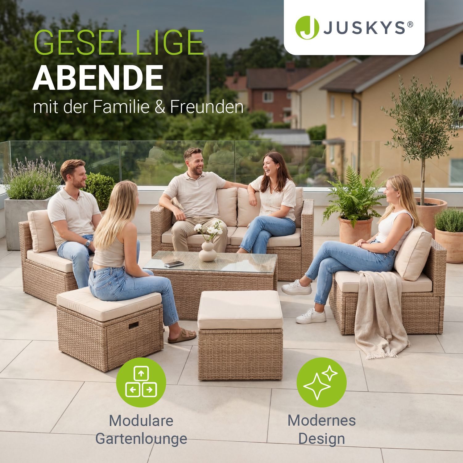 Juskys Gartenlounge-Set Salou, (6-tlg), für 6 Personen, Polyrattan, Glasplatte, wetterfest, mit Kissen