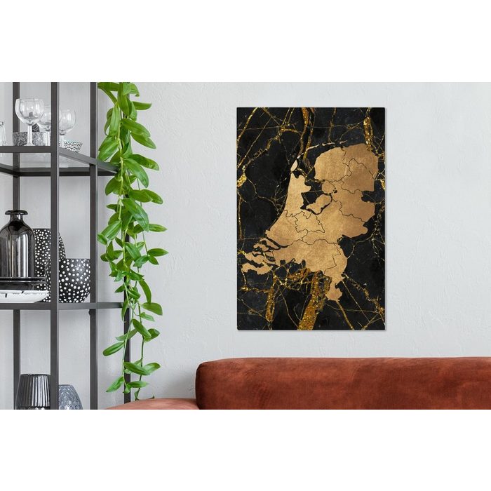 OneMillionCanvasses® Leinwandbild Karte - Niederlande - Gold (1 St) Leinwand Bilder für Wohnzimmer Schlafzimmer SY12492