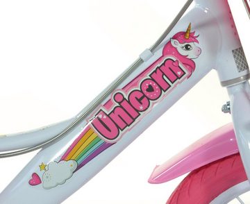 Dino Kinderfahrrad Unicorn Einhorn, 1 Gang, mit Stützrädern, Korb und Puppensitz