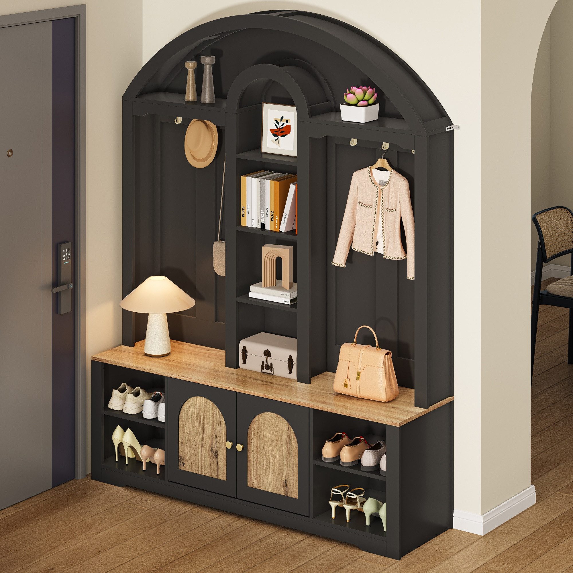 Merax Garderoben-Set Garderobenschrank mit LED-Beleuchtung und geschwungenem Design, (Flur- & Kleiderschrank im skandinavischen Weiß/Schwarz-Holz-Look, 1-St., 150 L x40 B x 195 H(cm), Möbelset mit Mittelablagen, Doppeltüren, Schuhregal & Metallhaken