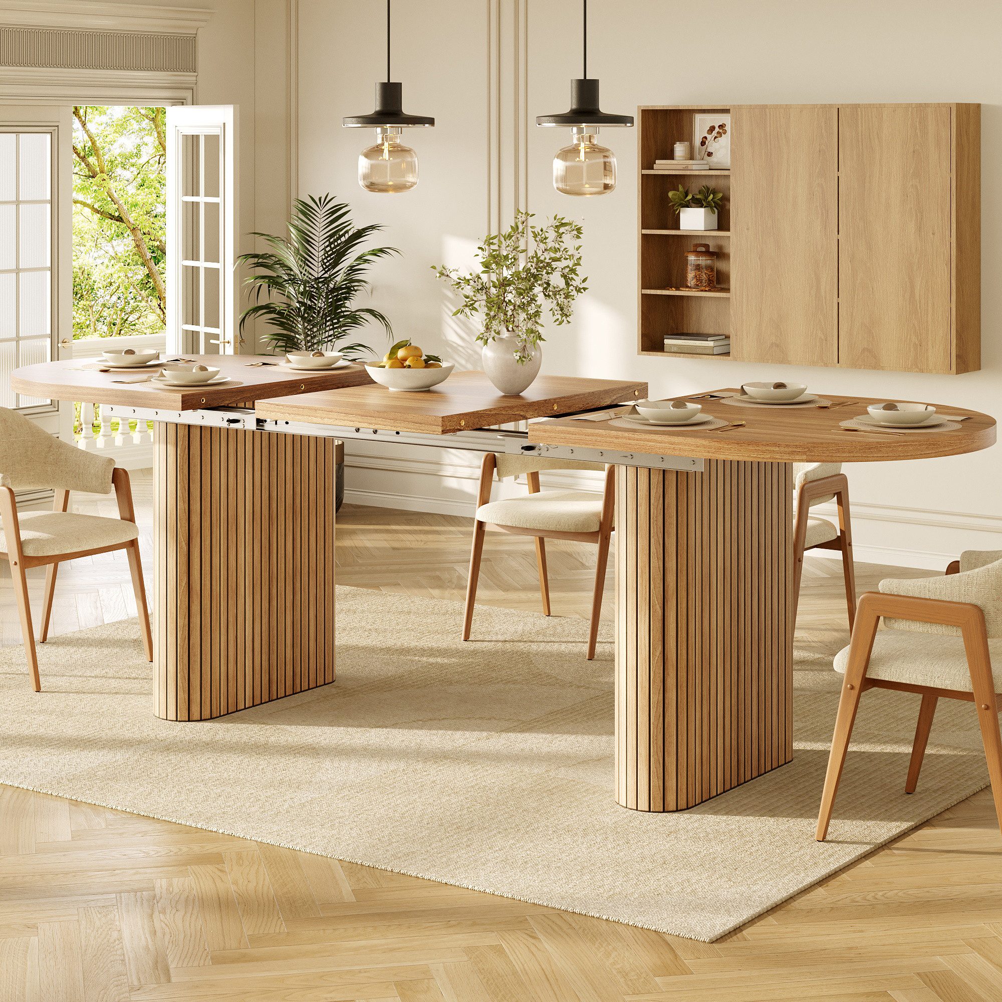 STILVORA Esstisch in Naturholz Ausziehbarer 120-160cm Küchentisch (Strukturbeine, abgerundete Ecken, 120–160cm, MDF, pflegeleicht, robust, verlängerbar), Für Esszimmer, Küche, Wohnbereich, Familienessen, Gästeempfang