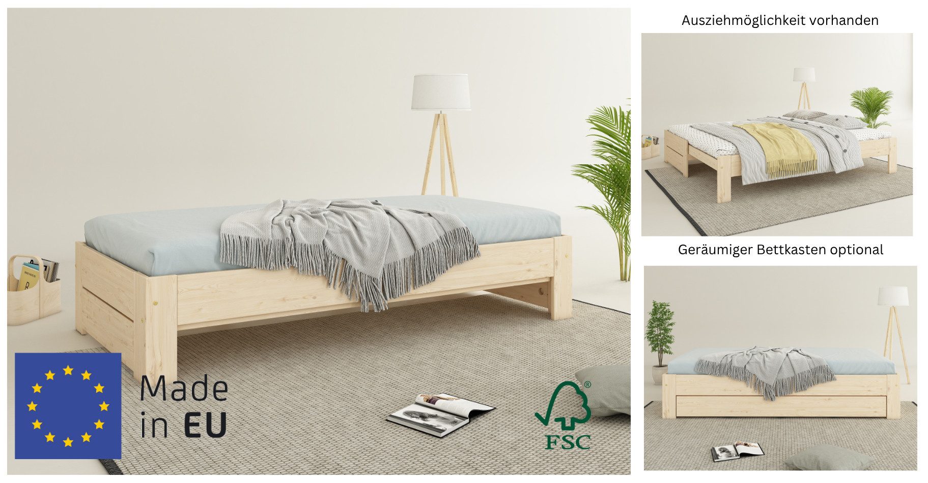 OTTO home Massivholzbett Imme, ausziehbar 90cm-180cm, ideal für Schlafbesuch, mit Lattenrost (Liegefläche 2x 90x200cm), Massive Kiefer, Schubkasten optional, Be – Bild 3 von 5