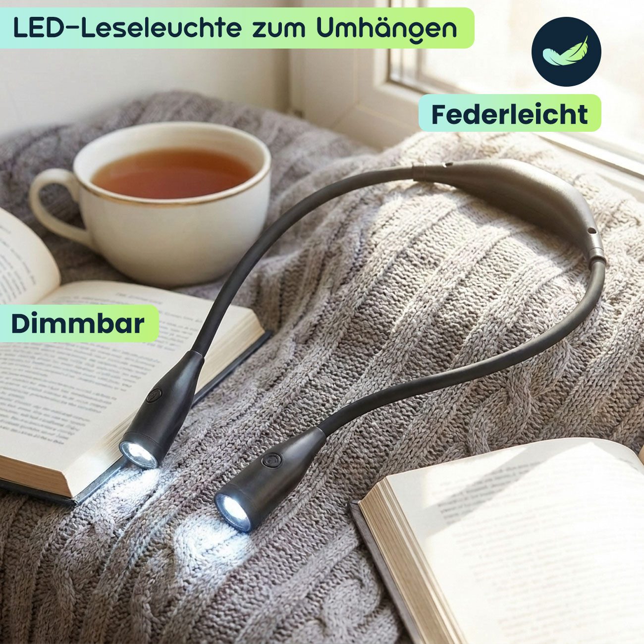 shop'n smile ideoon LED Leselampe LED Leseleuchte zum Umhängen Akku Leselampe 2W dimmbar 3 Farben, LED fest integriert, Wiederaufladbar/flexibler Schwanenhals/6 – Bild 5 von 5