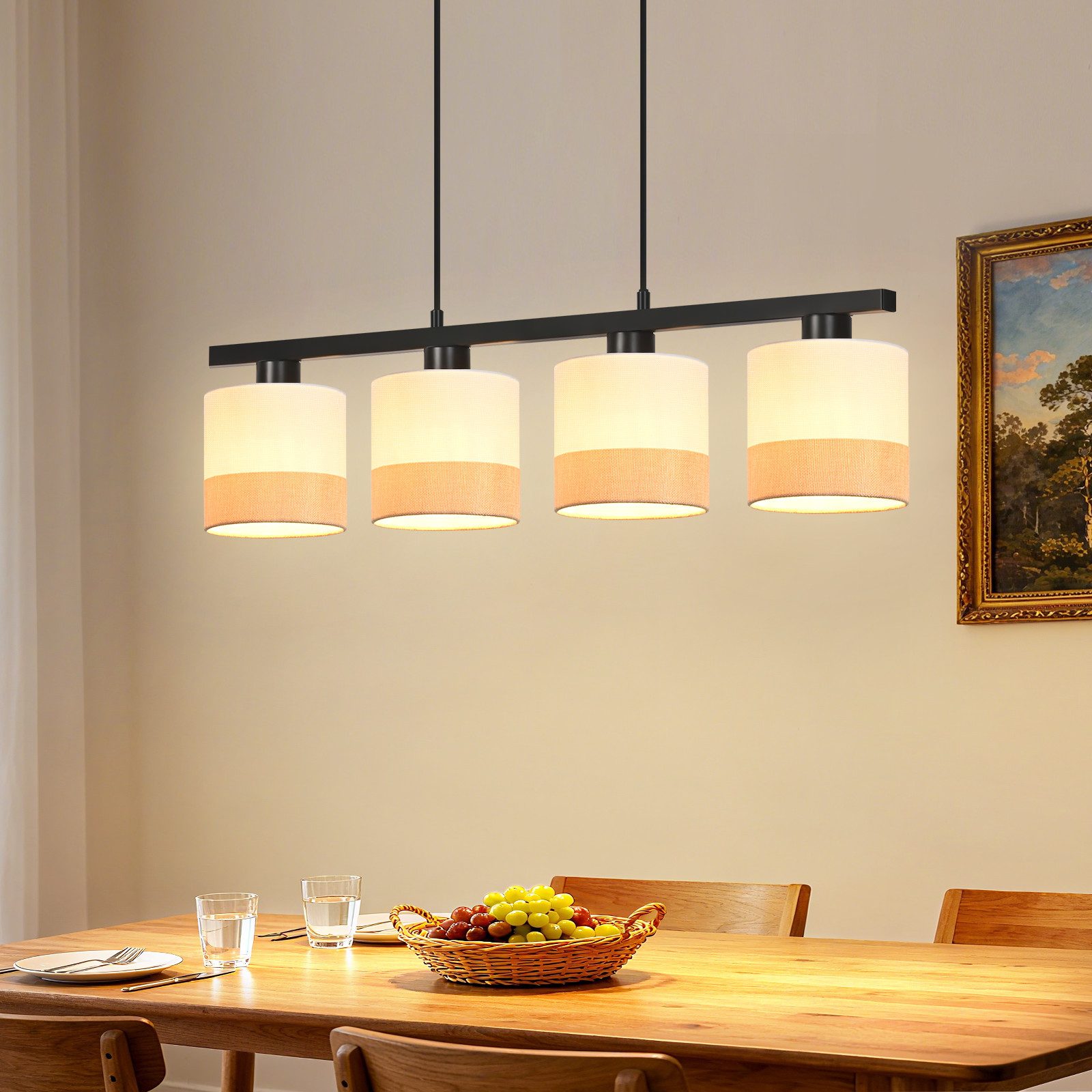 ZMH Pendelleuchte Esstisch 1/3/4 flammig E27 Retro Stoff Esszimmerlampe, ohne Leuchtmittel, 120cm Höhenverstellbare Hängeleuchte für Küche Wohnzimmer