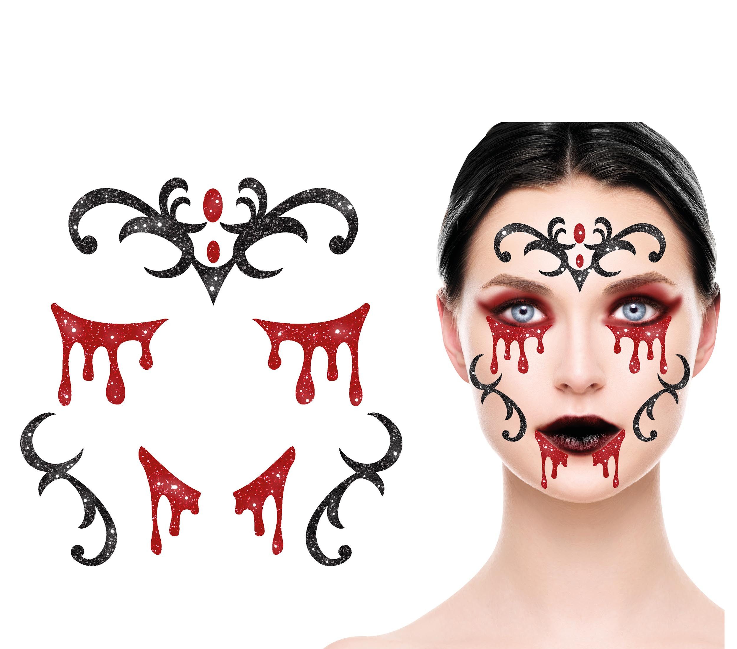 Fiestas Guirca Kostüm, Vampir Halloween Gesicht Aufkleber Glitzer Make Up Glänzende Horror D