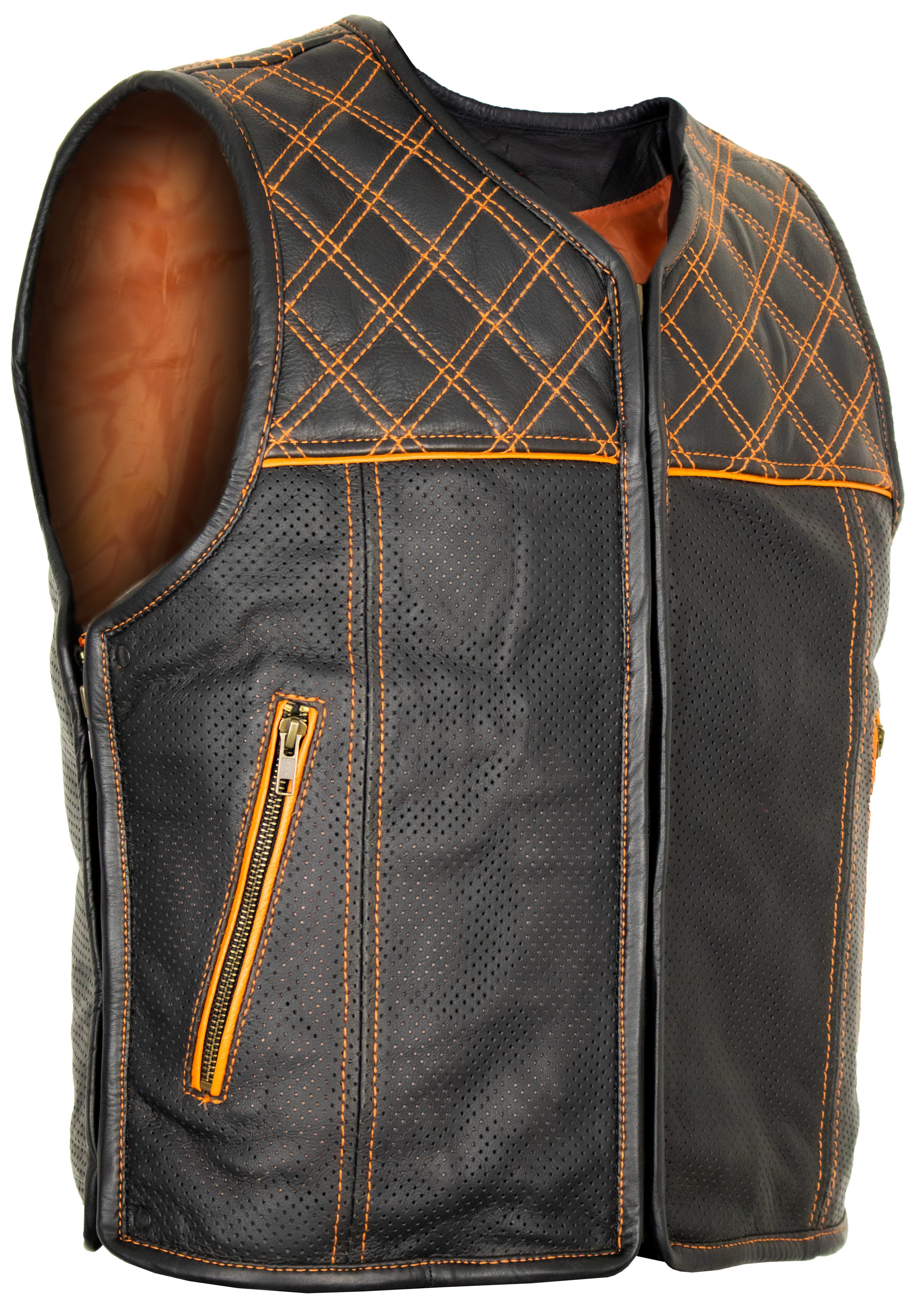 MDM Lederweste Herren Lederweste Hunter Club Kutte Schwarz Orange, perforiertem Leder (Biker Lederweste Herren, Clubkutte, Motorradweste, perforiertes Leder) Biker Lederweste perforiert, Steppmuster, Clubkutte, erweiterbar