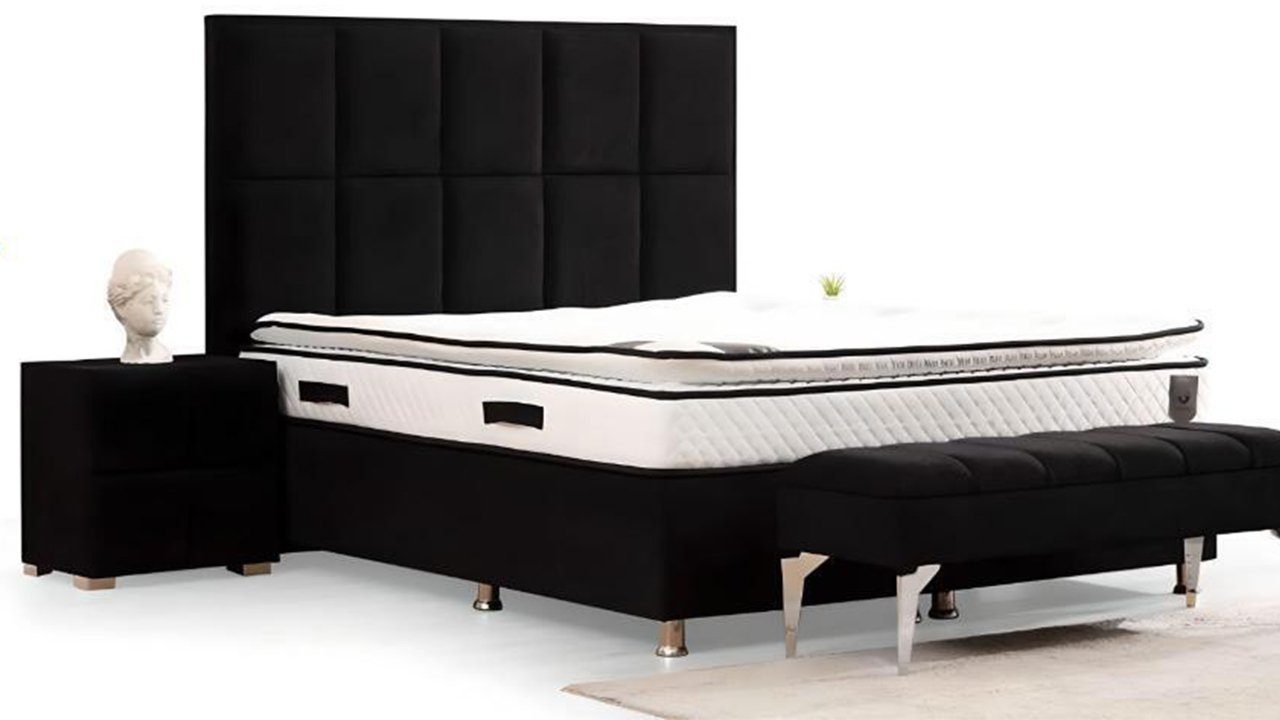 JVmoebel Schlafzimmer-Set Schlafzimmer Set Neu Schwarz Bett 2x Nachttische Hocker Modern Design, Made In Europe
