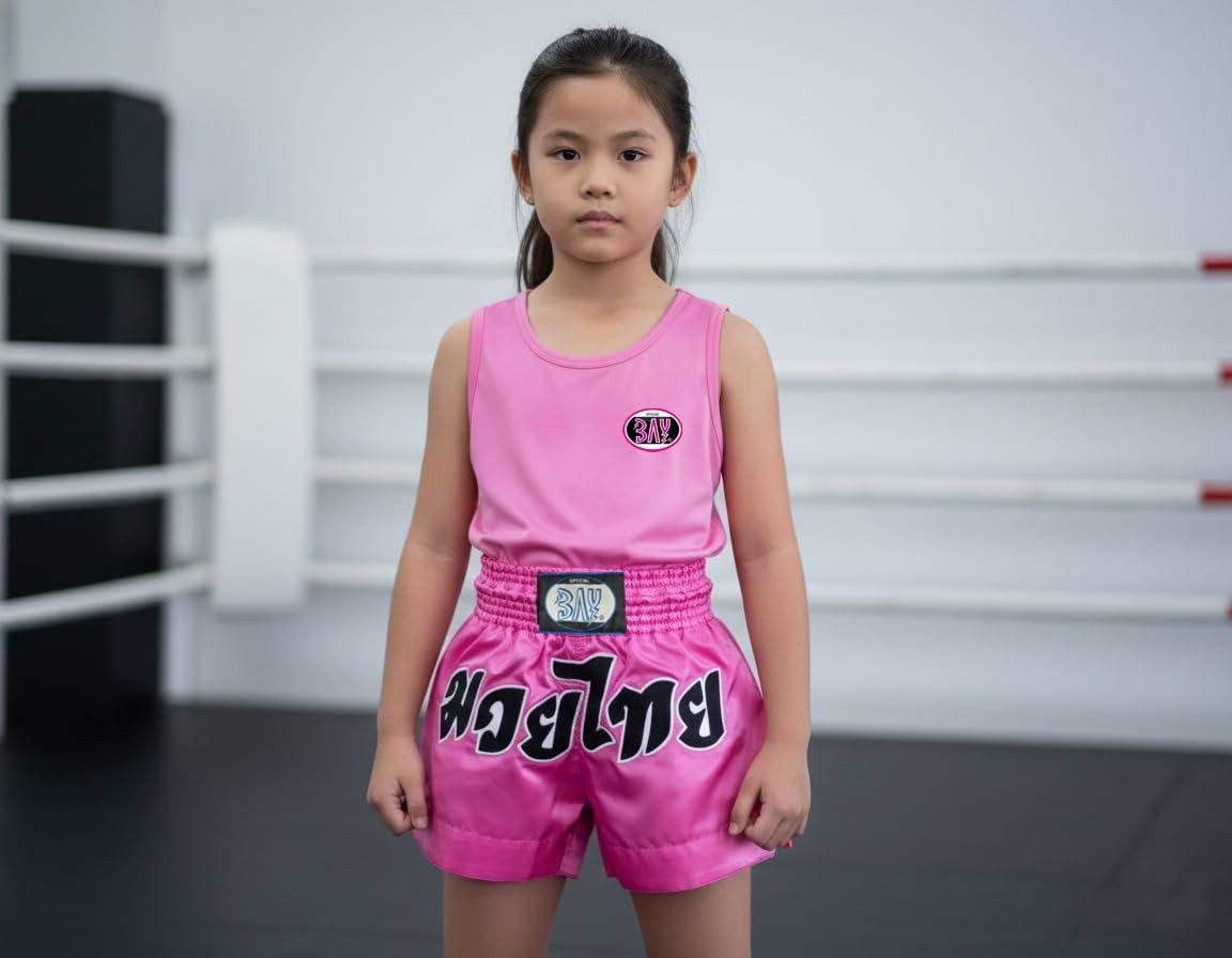 BAY-Sports Sporthose Thaiboxhose REMY Muay Thai Hose Shorts Thaiboxen MMA kurz Kickboxen kurze, leichte, locker sitzende Trainingshose, Pink/Schwarz/Weiß