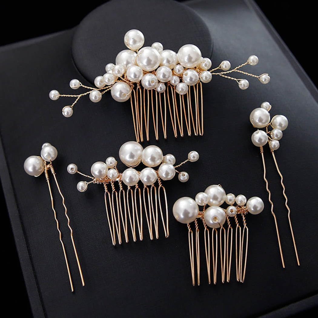 ZEUOPQ Haarklammer Haarschmuck Haarnadeln Hochzeit(Gold), 5-tlg., Haarnadeln U Form Clip Gold Perle Braut Kopfschmuck, 5 Stück Braut Hochzeit Perlen Haarkamm und Haarnadeln