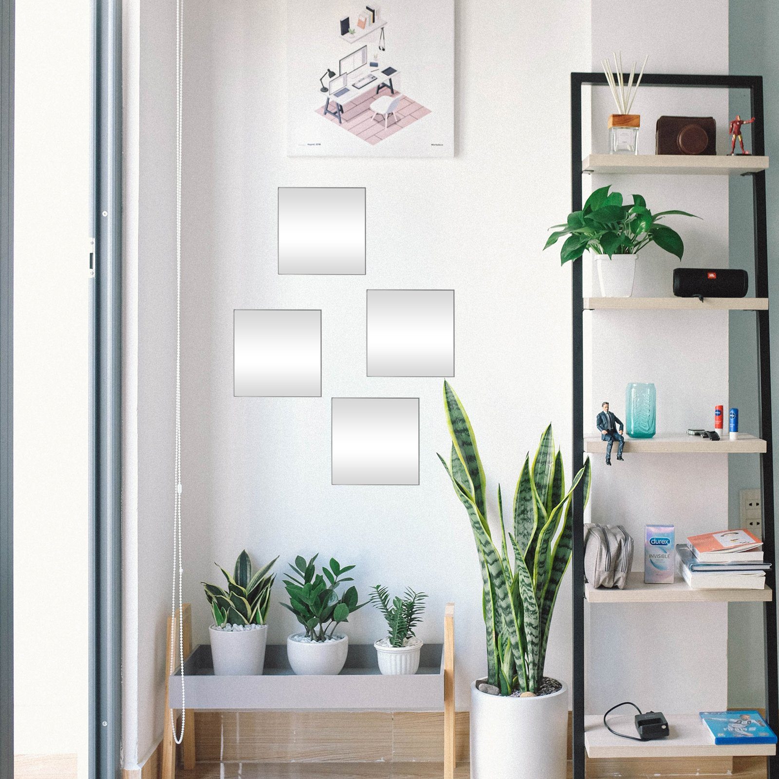 DRULINE Wandspiegel 4er-Set Klebespiegel Spiegelfliesen Badezimmerspie Weiß