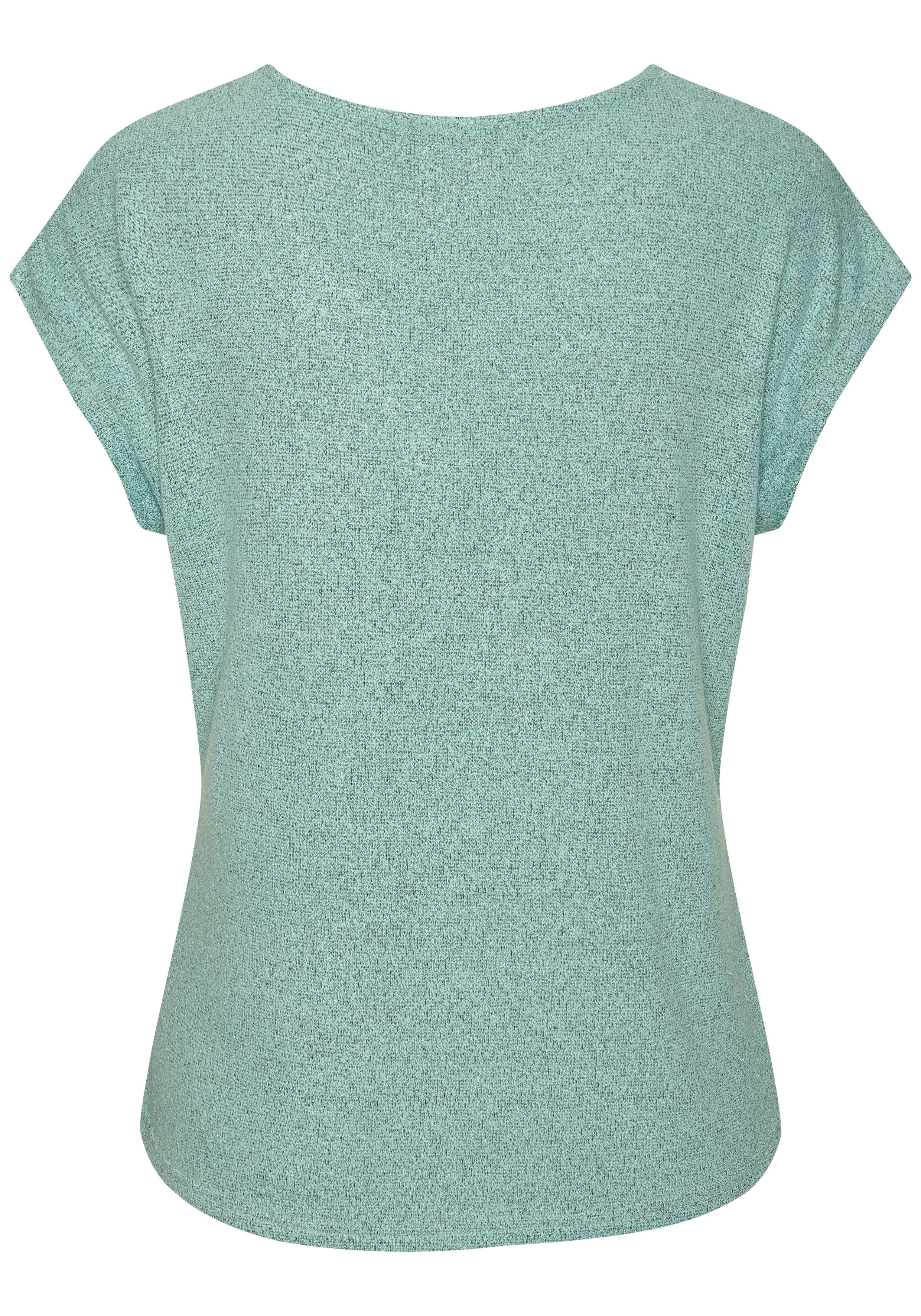 LASCANA Kurzarmshirt mit Strassknopf in Blütenform aus luftigem Feinstrick in Melange Optik