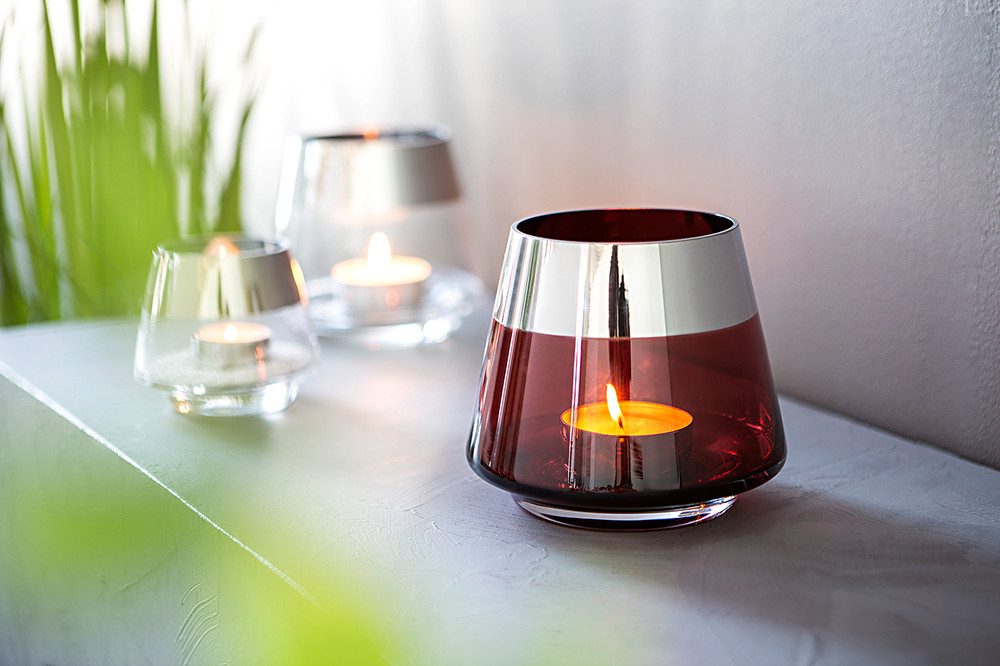 Fink Teelichthalter JONA Teelichthalter - H.13cm x D.15cm - rot /silberfarben - Glas (Teelichtglas - Teelichtkerzenhalter), Dekoleuchte - Kerzenhalter - Windlicht - Dekolicht - Stimmungslicht