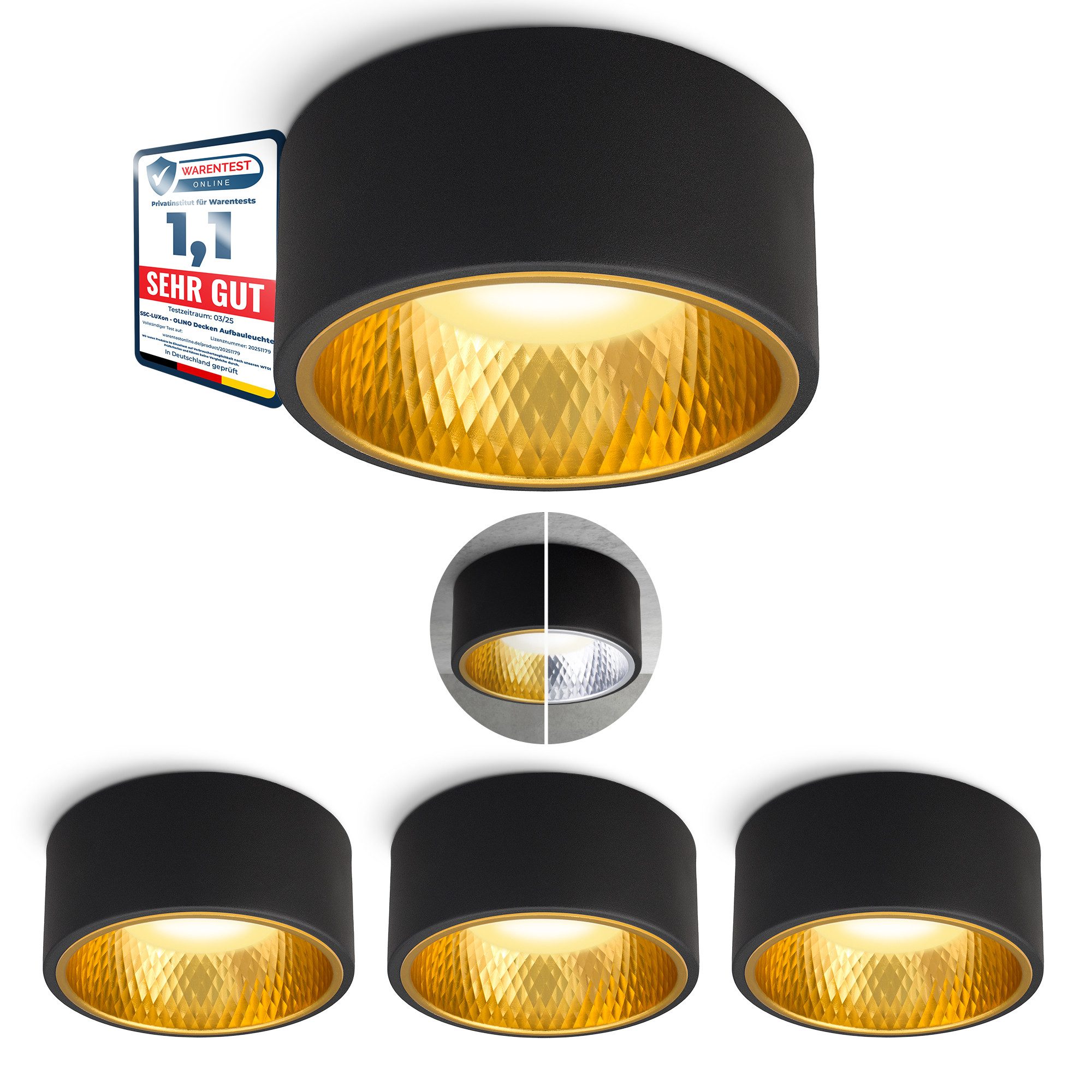 SSC-LUXon LED Aufbaustrahler OLINO Aufputz Spot flach schwarz LED dimmbar GX53 warmweiß 230V 6W, Warmweiß