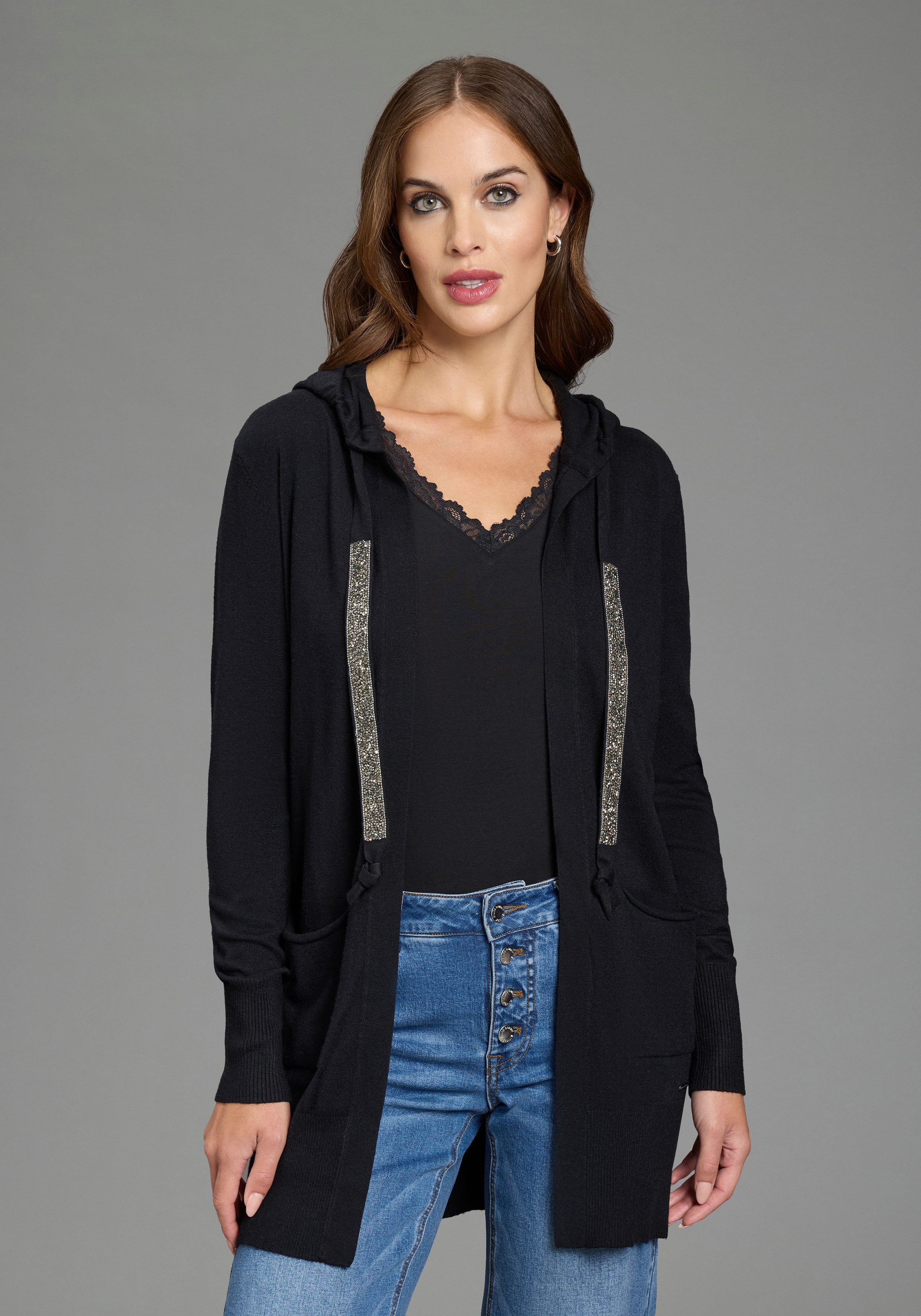 Laura Scott Kapuzenstrickjacke mit Kapuze und glitzernden Bändern