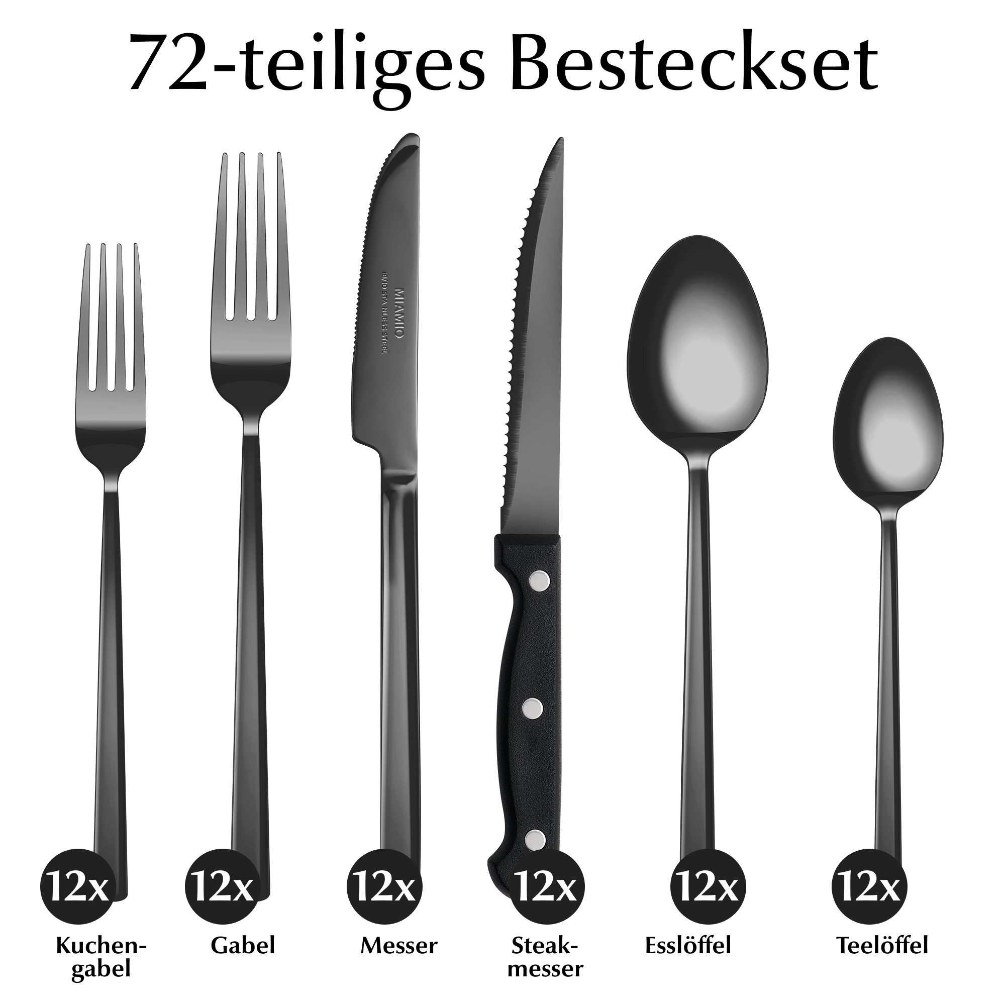 MiaMio Besteck-Set Besteckset 72 Teile 18/10 Schwarz Matt (72-tlg), 12 Personen – Bild 4 von 5