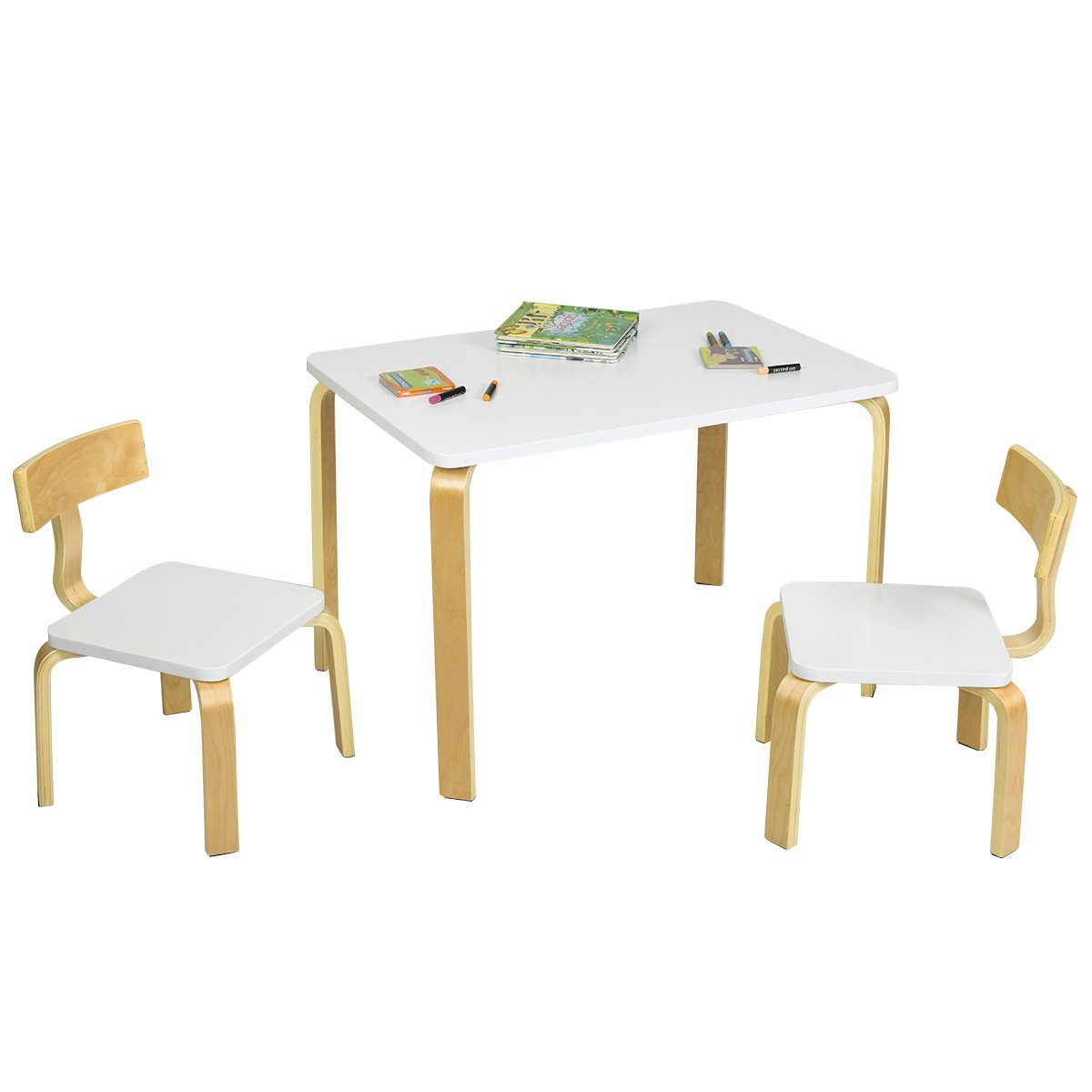COSTWAY Kindersitzgruppe, Kindertisch mit 2 Kinderstühlen, Holz Weiß