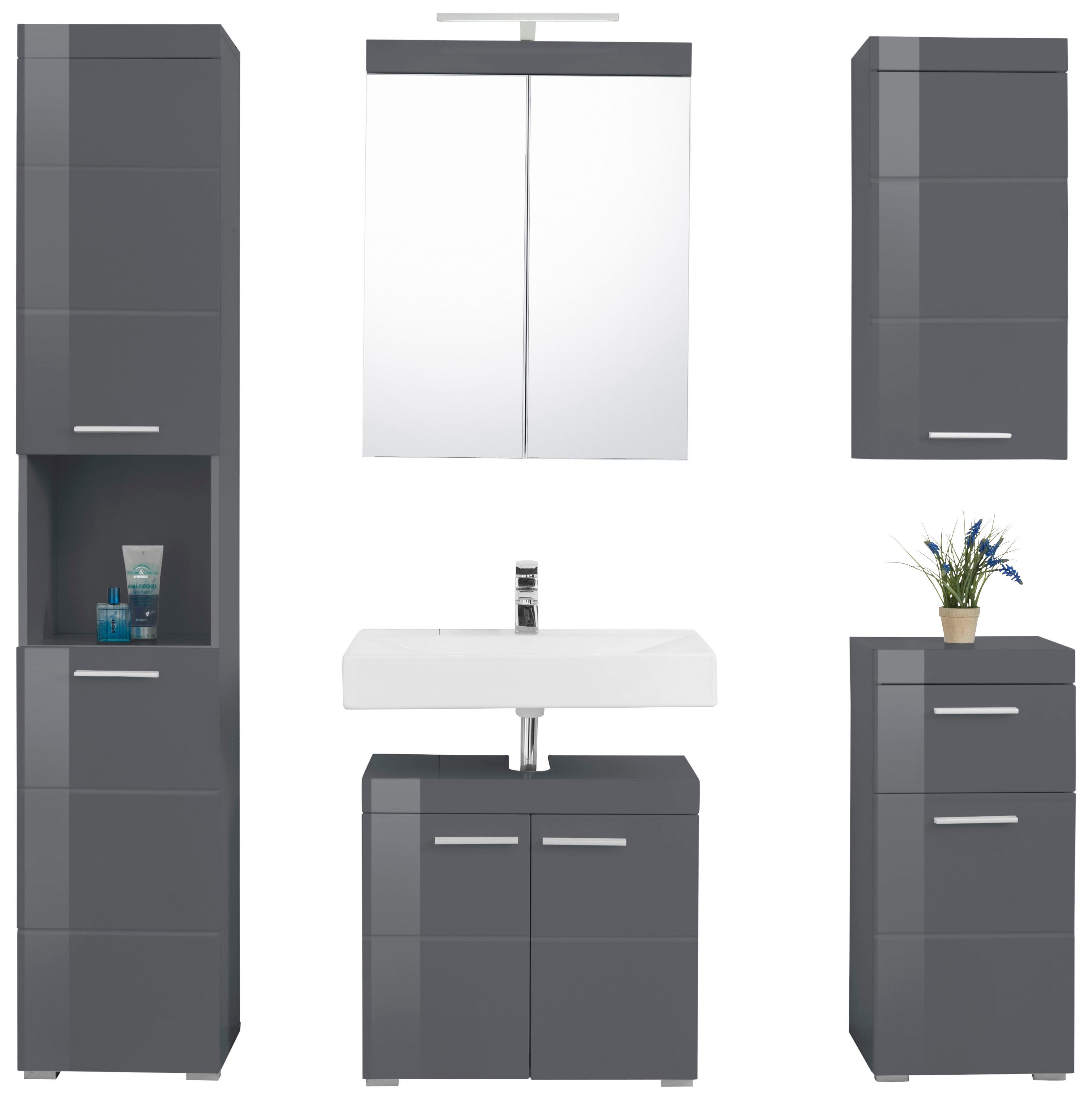 welltime Badmöbel-Set Avena, (Set, 5-St), Set: Hochschrank, Spiegelschrank, Waschbecken, Hänge & Standschrak