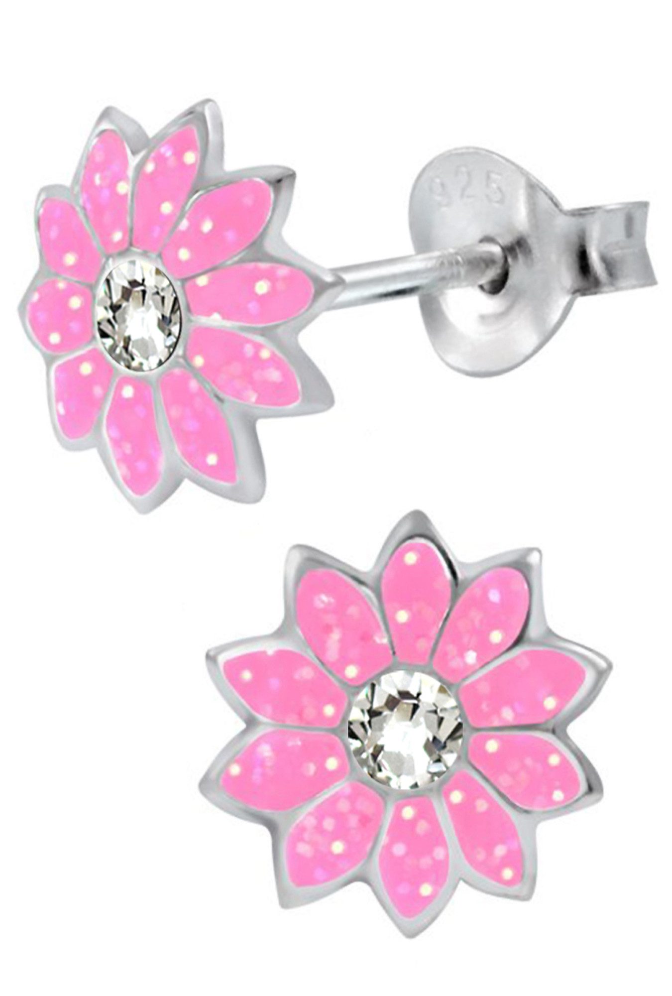 Limana Paar Ohrstecker 925 Silber rosa Glitzer Blumen Ohrringe für Kinder Mädchen, Kinderohrstecker Kinderohrringe Kinderschmuck