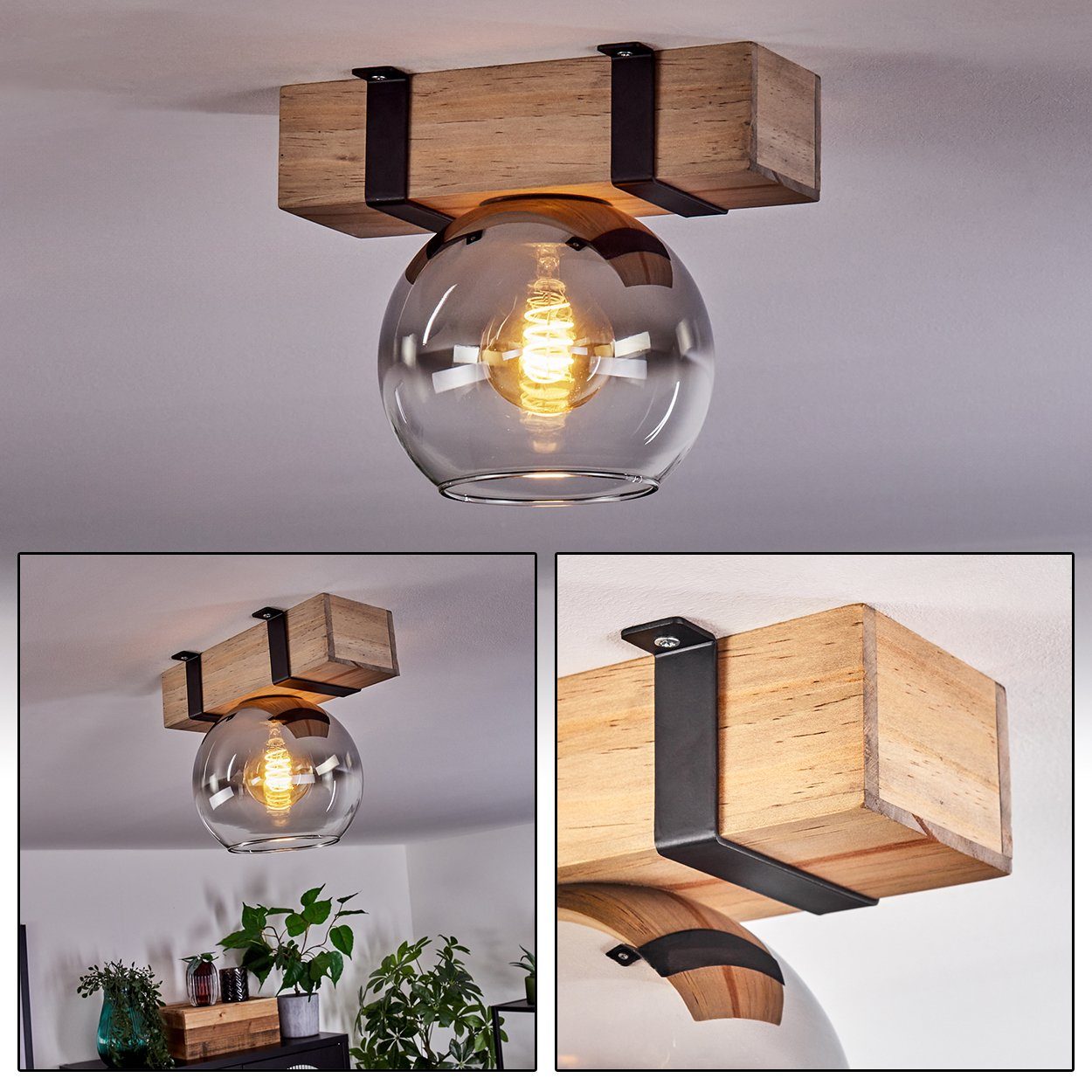 hofstein Deckenleuchte Deckenlampe aus Metall/Holz/Glas in Schwarz/Natur/Ch günstig online kaufen