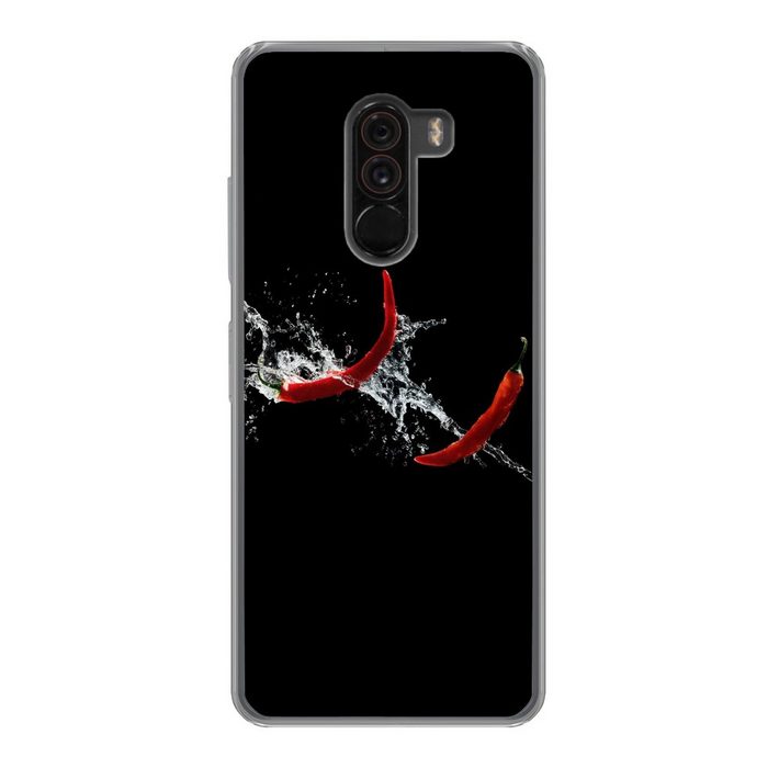 MuchoWow Handyhülle Chilischote - Stilleben - Wasser - Schwarz - Rot Phone Case Handyhülle Xiaomi Pocophone F1 Silikon Schutzhülle