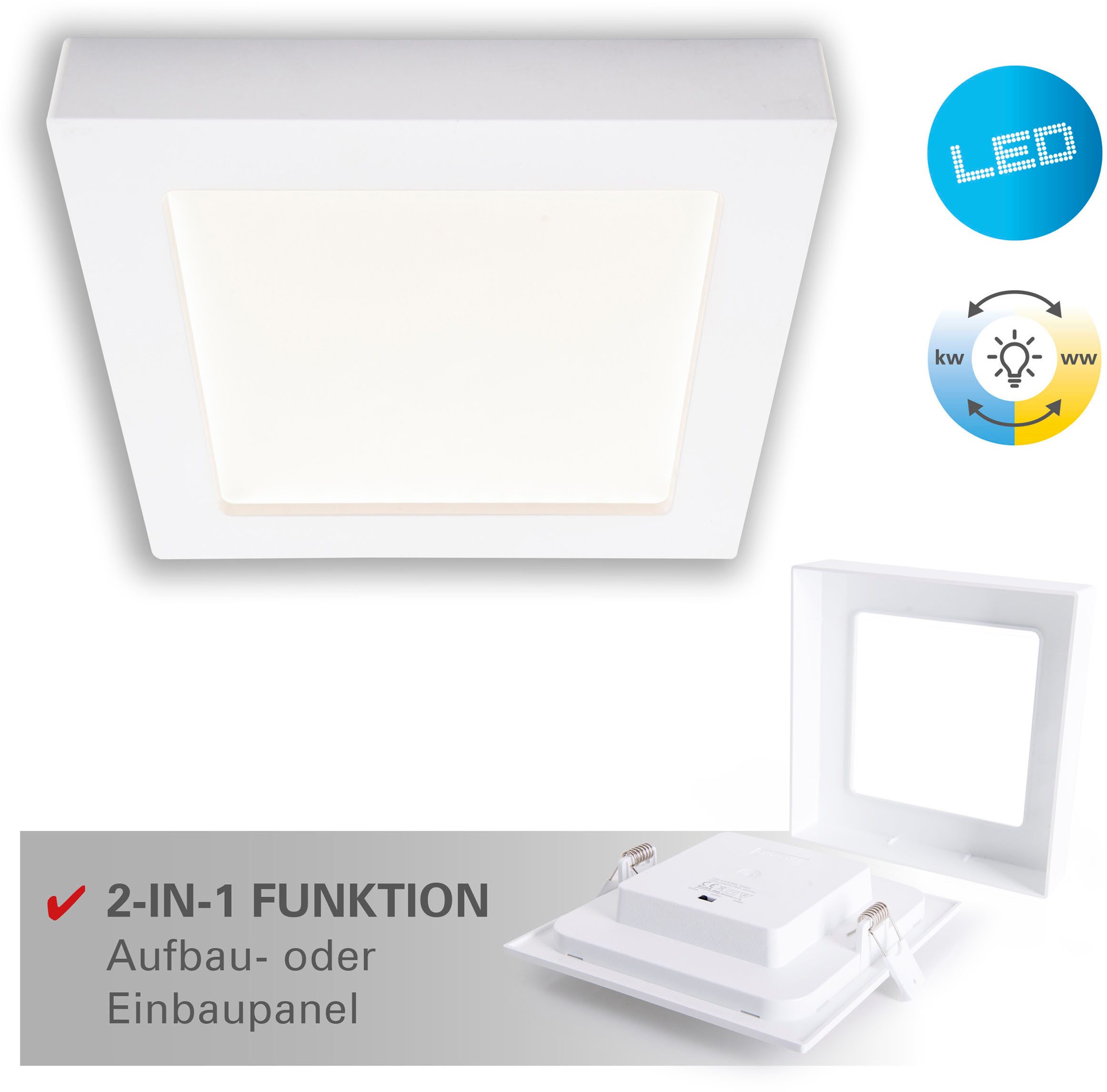 näve LED Einbauleuchte Komplex, mehrere Helligkeitsstufen, LED fest integriert, Kaltweiß, Neutralweiß, Warmweiß, auch Aufbau, CCT, Lichtfarbe über Geräteschalter einstellbar, eckig