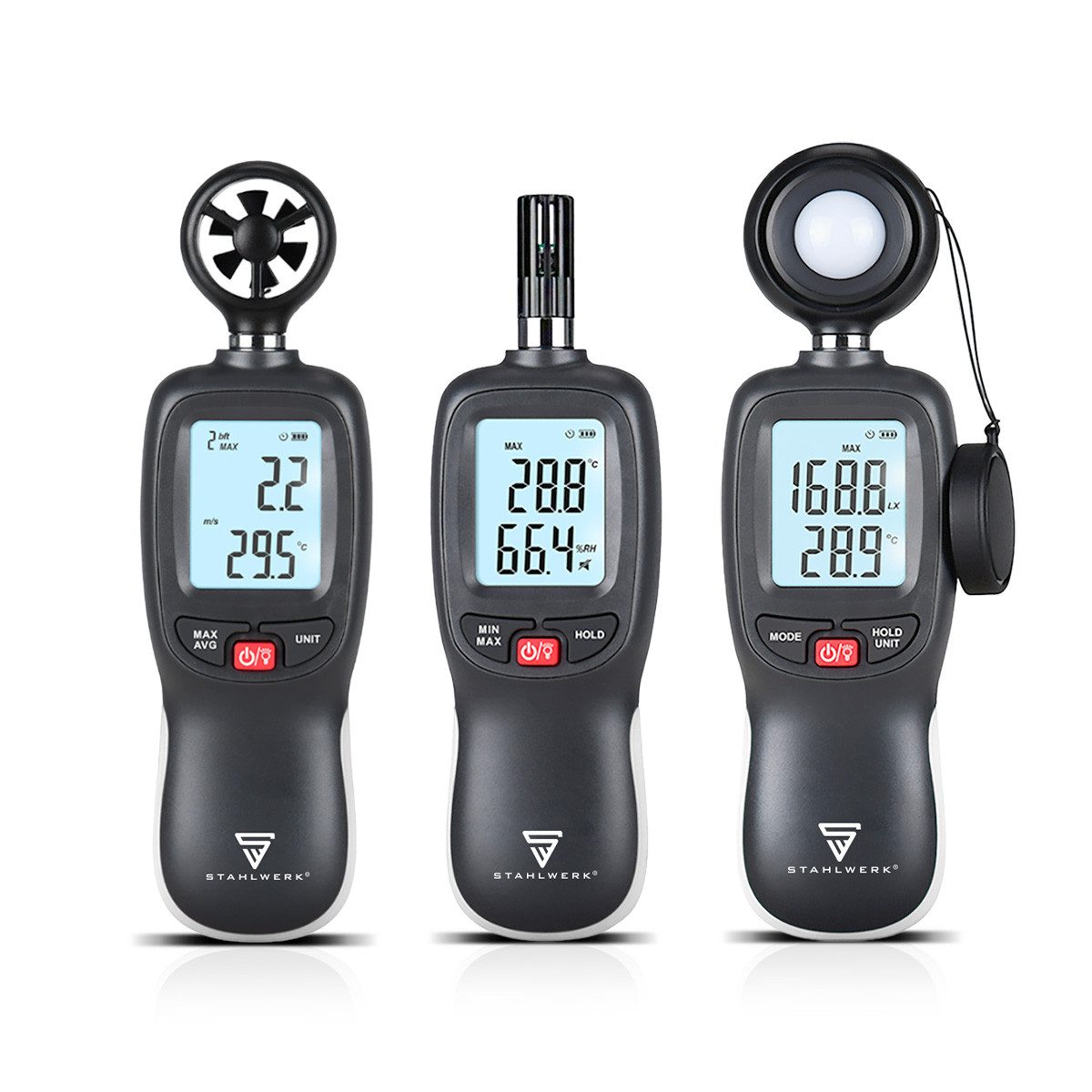 STAHLWERK Schallpegelmessgerät 3-teiliges Geräte-Set zur Messung von Klima, Licht und Temperatur