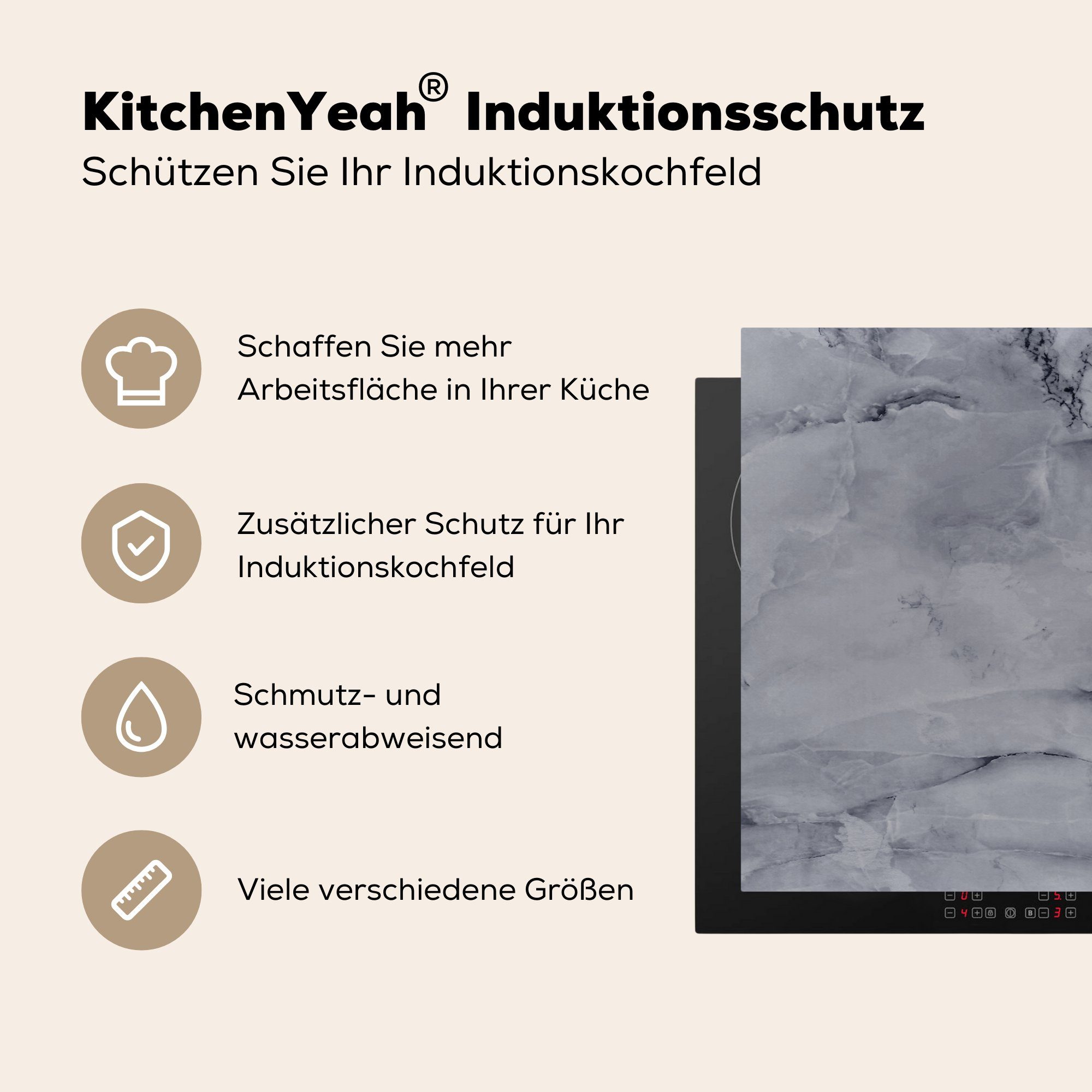 - Stein für MuchoWow küche Grau Vinyl, 78x78 Arbeitsplatte - cm, Herdblende-/Abdeckplatte tlg), (1 Ceranfeldabdeckung, Marmor Schwarz, -