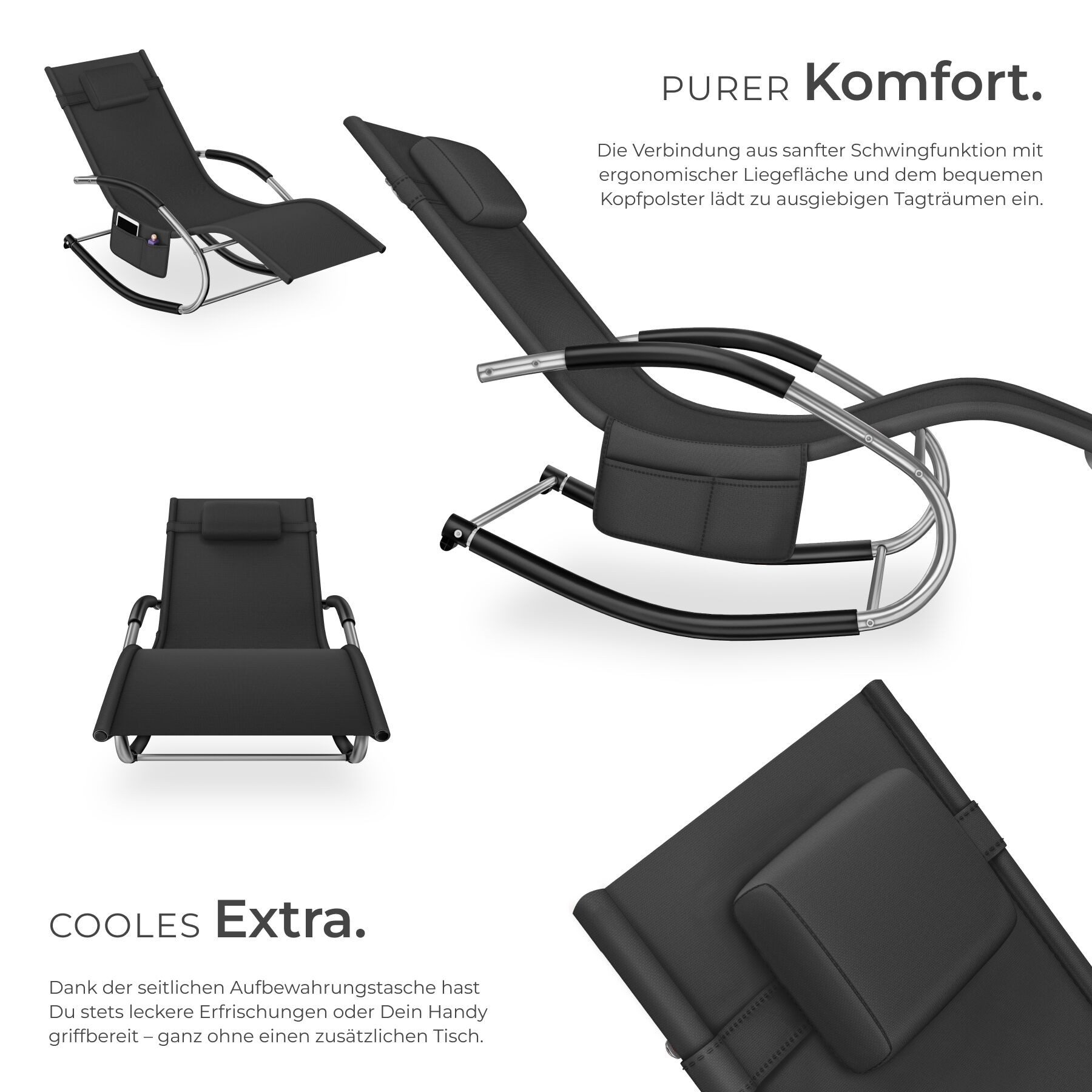 tectake Gartenliege ergonomische Sonnenliege, Belastbarkeit 120 kg, 62 x 146 x 92 cm, Balkonliege Taya, 1 St., für Außen in Schwarz, gepolstert, atmungsaktiv, wasserabweisend, mit Aufbewahrungstasche