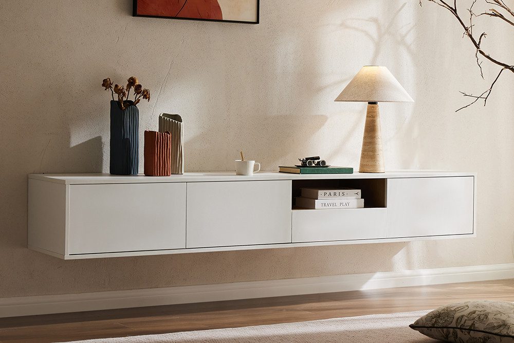 riess-ambiente TV-Board LOFT 200cm weiß/natur - hängend, Eichen-Design, 7 Fächer, Schublade (Einzelartikel, 1 St), Sideboard mit Ablage & Stauraum- ideal für Flur, Wohnbereich & TV-Ecke