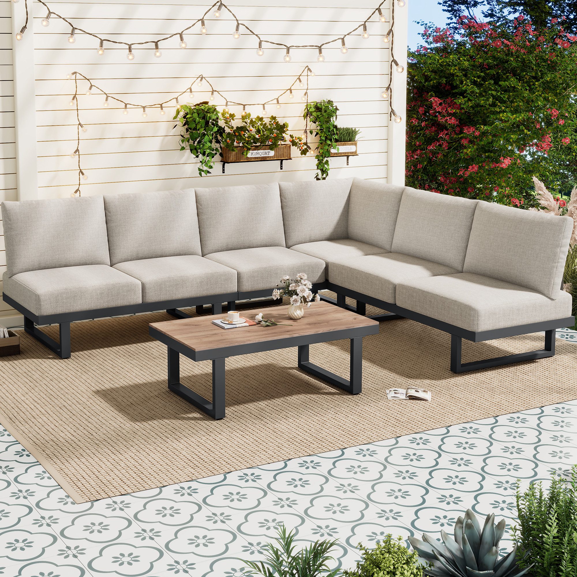 BBWL Gartenlounge-Set Ecksofa mit Liegebett Funktion,Couchtisch Glas,Graubeige, Gartenmöbel Lounge Set,Stahlrahmen,Outdoor Relaxbett wetterfest