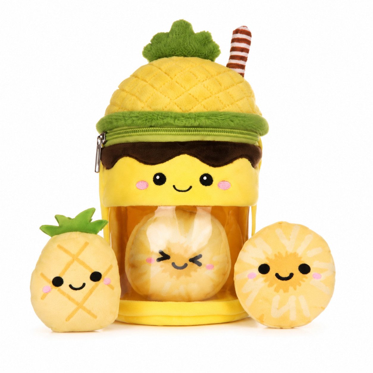 Dinotoys Kuscheltier Ananas Plüsch-Milchshake 23 cm mit 3 Mini-Kuscheltieren Food Spielset (Set, 1-St., Geschenk-Set), Kawaii Plüsch Food Spiel Set mit Mini-Plüschtieren, süße Geschenkidee