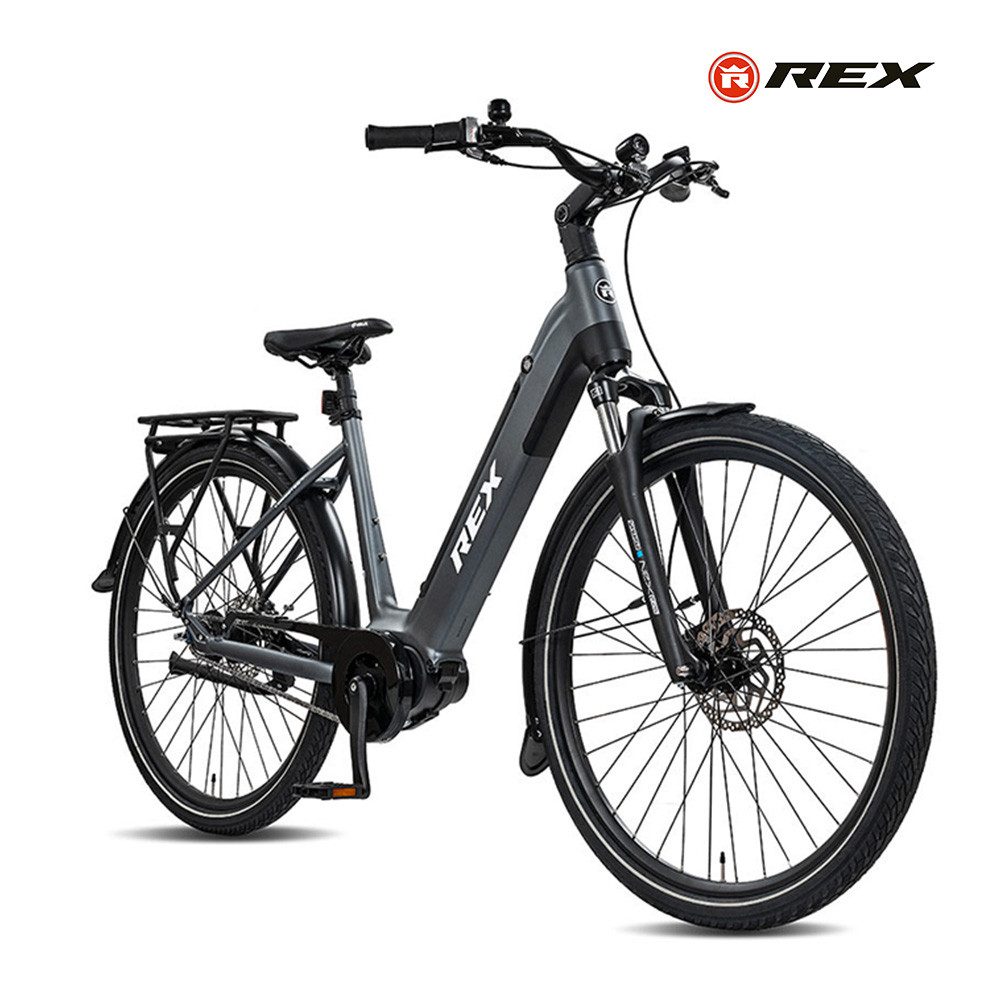 REX E-Bike Cityrad 28 Zoll REX Commuter+ Mittelmotor, MIK Gepäckträger, Ebike Damen, 7 Gang Freilauf Schaltwerk, Mittelmotor, 468 Wh, E-Bike max.120km, hydraulische Bremsen, blau&grau