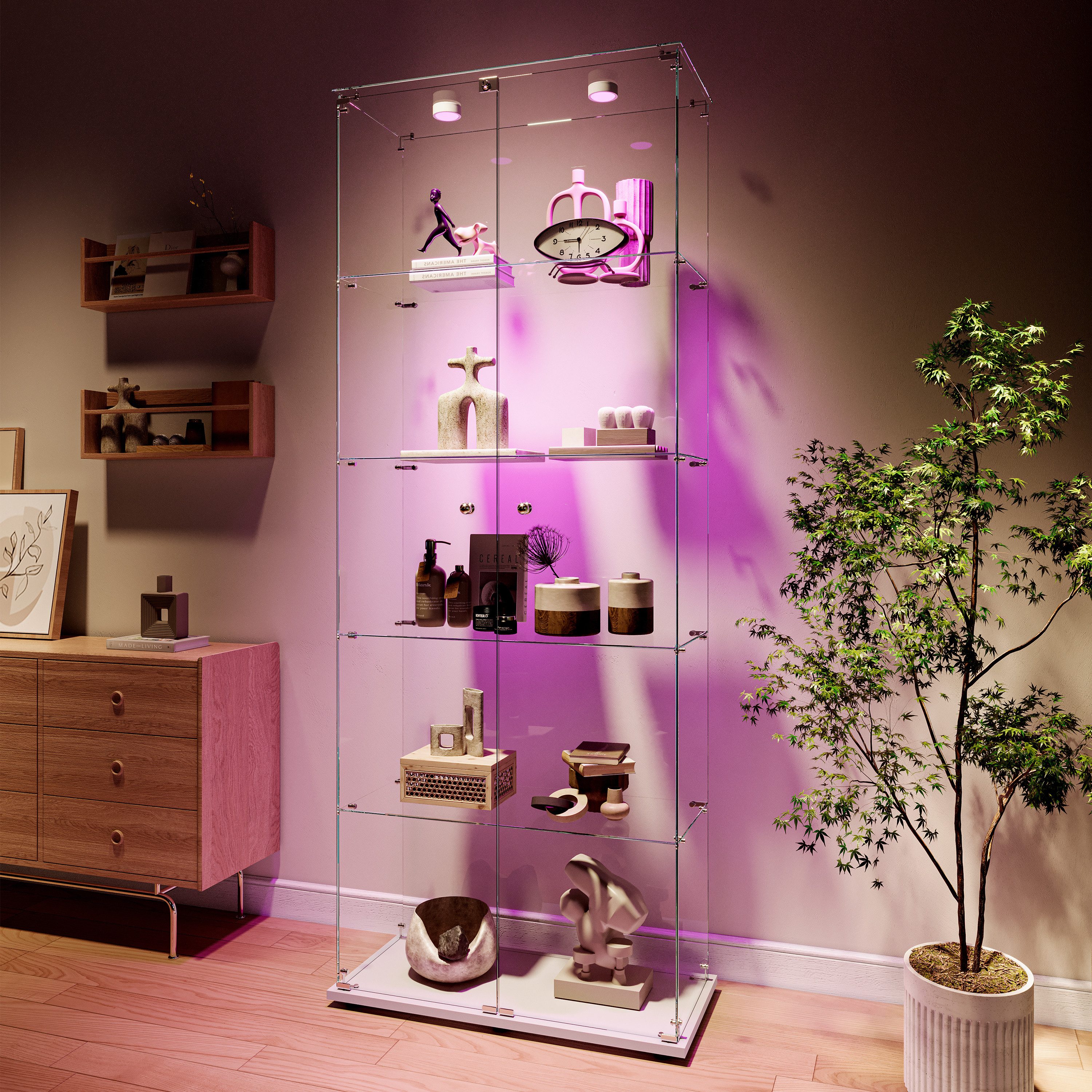 Furnishings Home Glasvitrine Standvitrine LED 5 Lagen Sammlervitrine Vitrinenschrank hoch 186 cm (1-St., Mit großem Stauraum, 2 Türen, 78.5×34.5×186.5cm) Mit LED-Beleuchtung Türschloss, für Wohnzimmer Schlafzimmer Büro