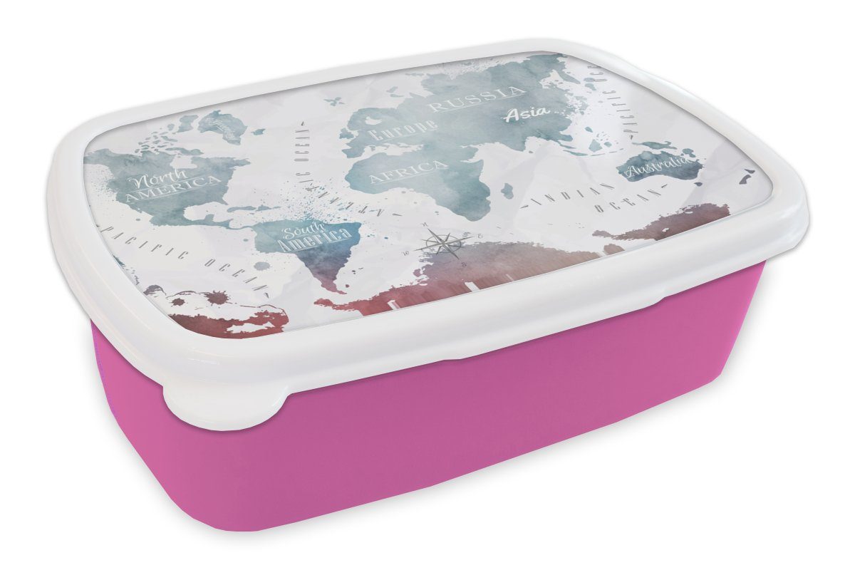 MuchoWow Lunchbox Weltkarte - Brotbox für Erwachsene, Brotdose Farbe rosa - Snackbox, Kunststoff Mädchen, Kunststoff, (2-tlg), Topographie, Kinder