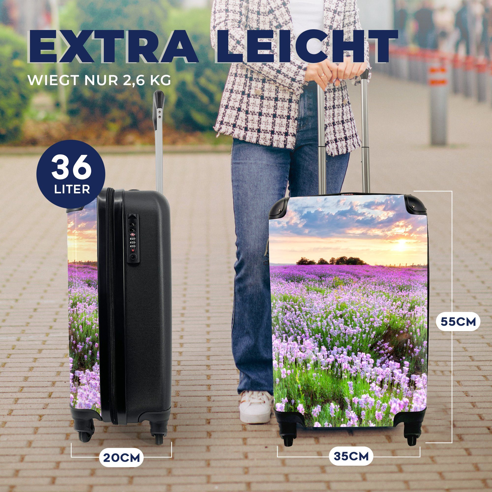 Lavendel Rollen, rollen, 4 - Handgepäckkoffer Wiese für mit - Sonnenuntergang Ferien, Reisekoffer Natur, Reisetasche Handgepäck - Himmel - - Lila - MuchoWow Blumen Trolley,