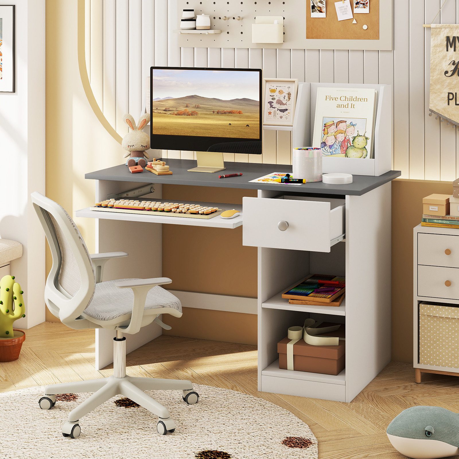 COSTWAY Kinderschreibtisch, mit Schublade, Bücherregal & Tastaturablage