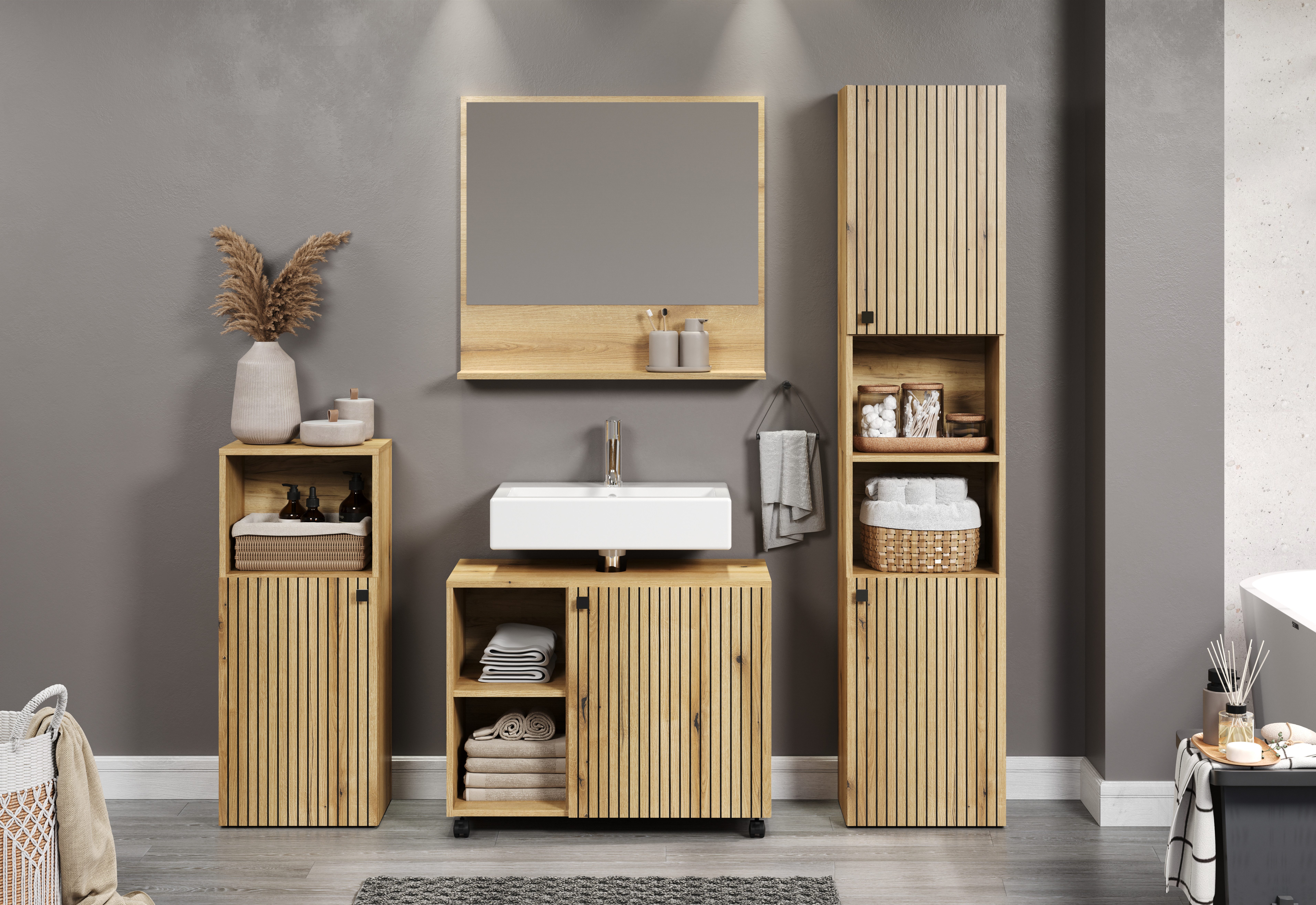 welltime Badmöbel-Set Amrum Waschbeckenunterschrank Spiegel Hochschrank Bad günstig online kaufen
