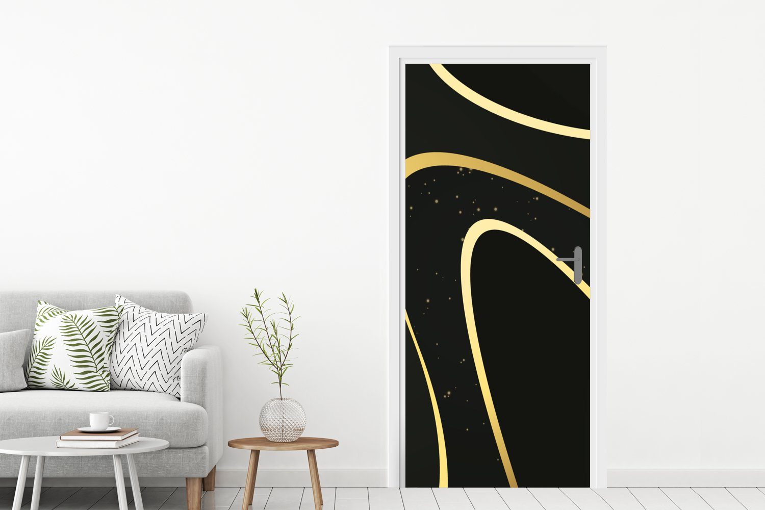 MuchoWow (1 Türaufkleber, bedruckt, Hintergrund, Türtapete cm St), Wellen Goldene schwarzem für Matt, Fototapete Tür, 75x205 auf